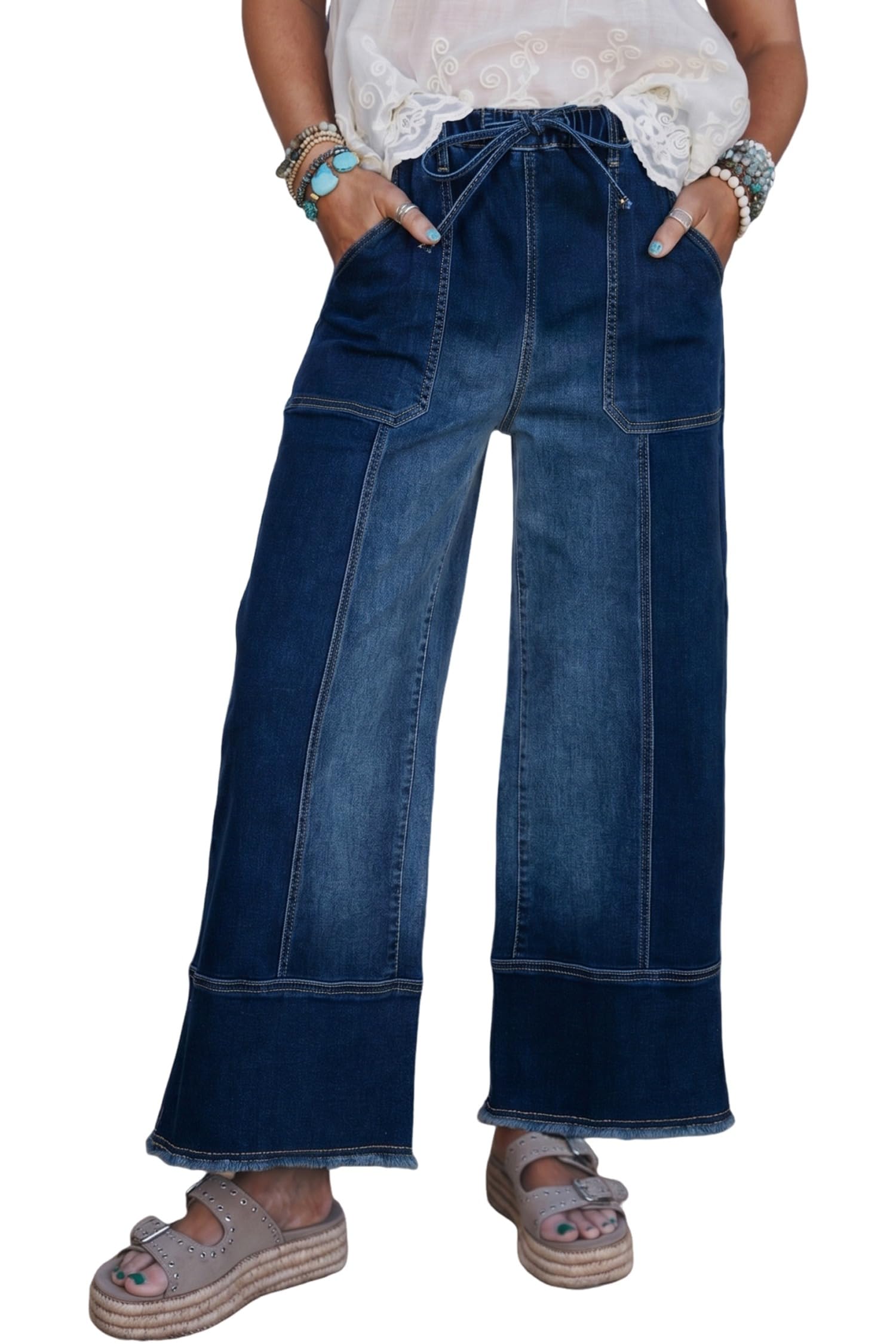 SHEWIN Women's Wide Leg Jeans High Waisted Baggy Jeans Stretchy Drawstring Denim Pants
