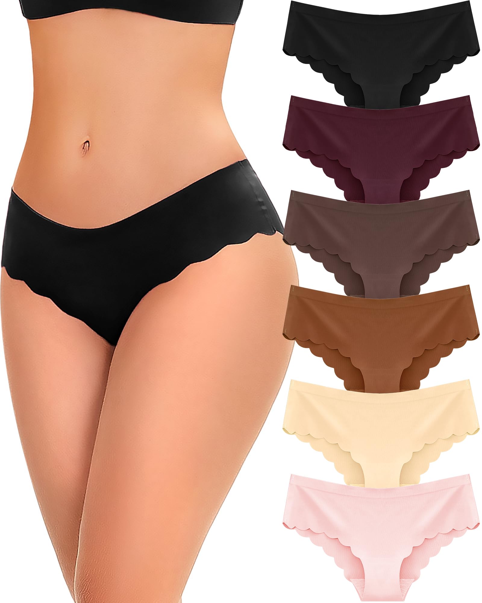 FINETOO 6 pack Seamless Underwear for Women Sexy Low Rise Hipster Wave Edge No Show Bikini Panties Womens Cheeky S-XL