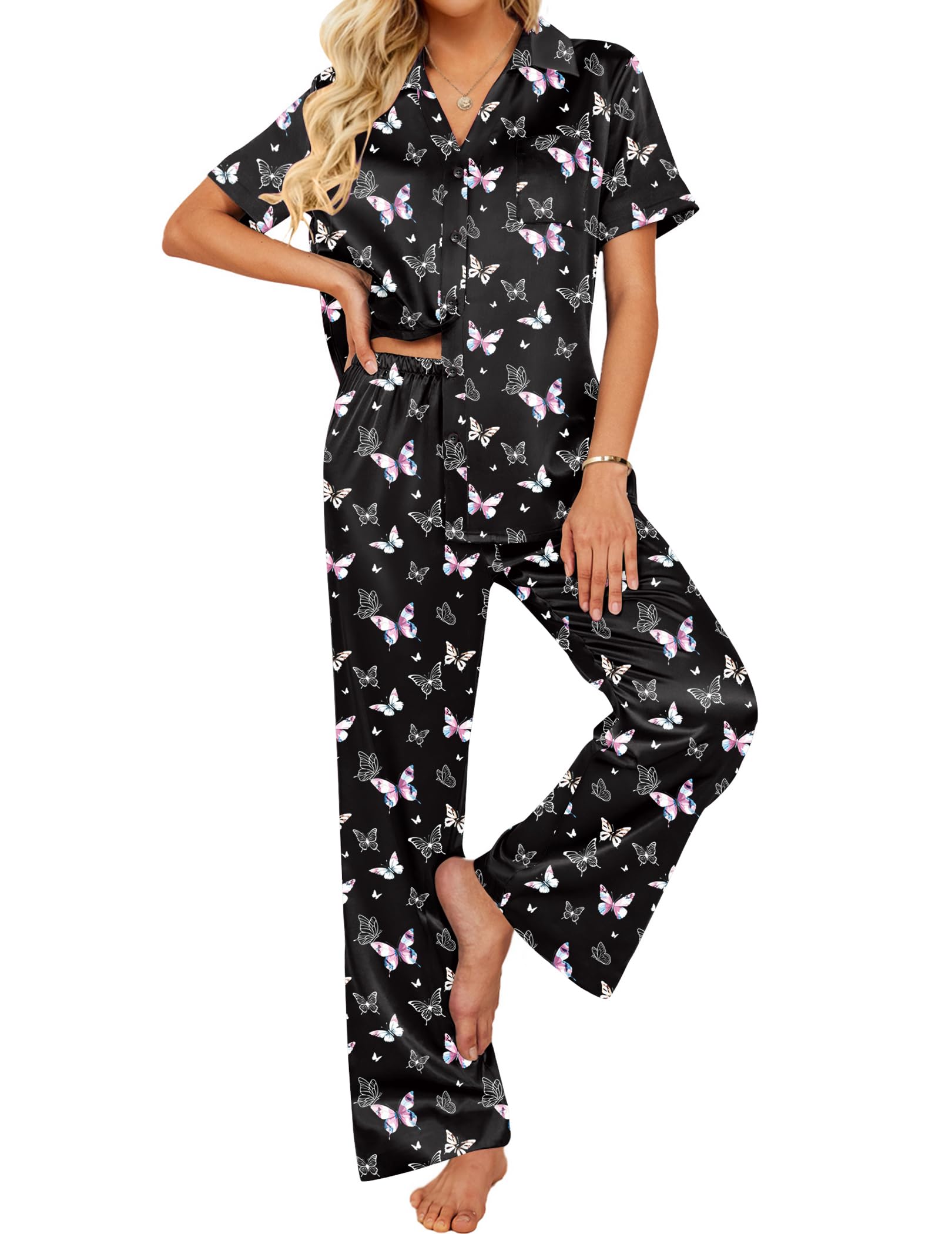 Ekouaer Silk Pajamas for Womens Set 2 Piece Fall Pjs Button Down Sleepwear