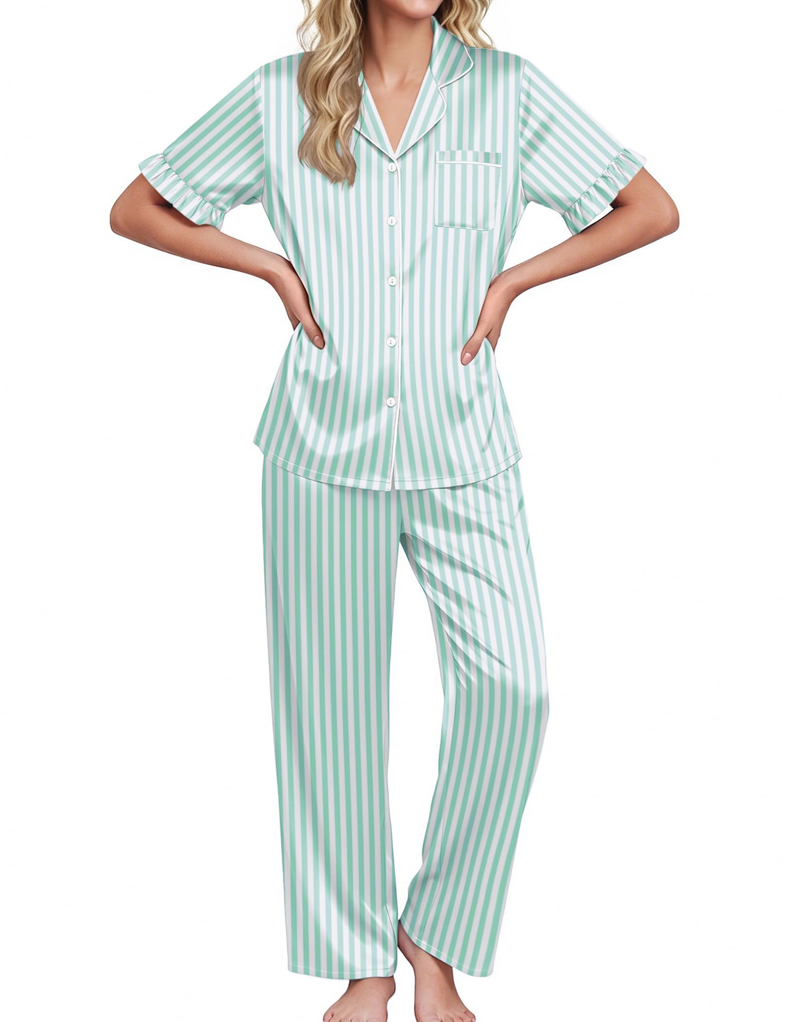Ekouaer Silk Satin Pajamas for Women Set 2 Piece Short Sleeve Button Up Pjs