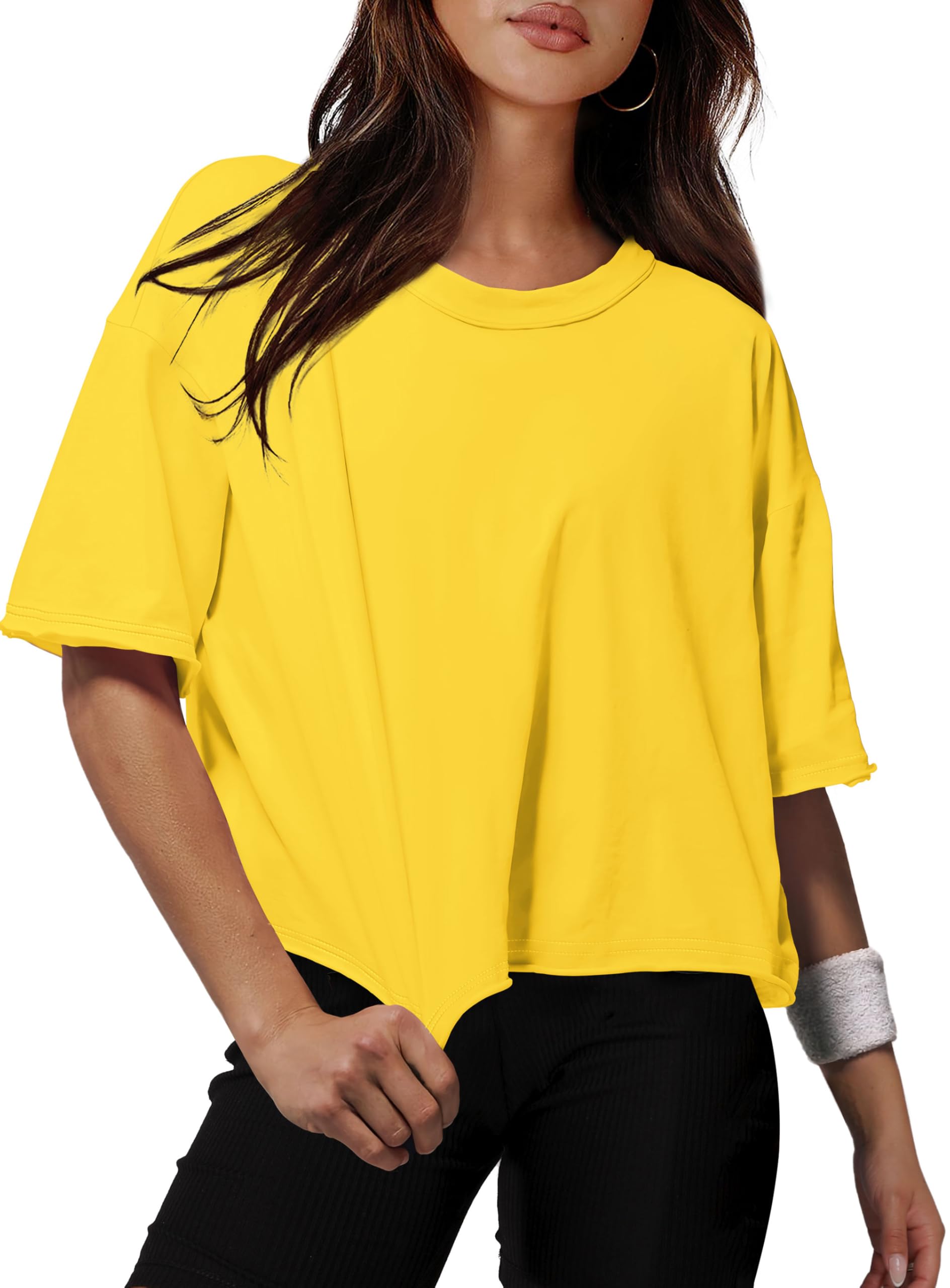 XIEERDUO Cotton Tshirts for Women Drop Shoulder Round Neck Oversized Crop Tops Workout Tops Tees