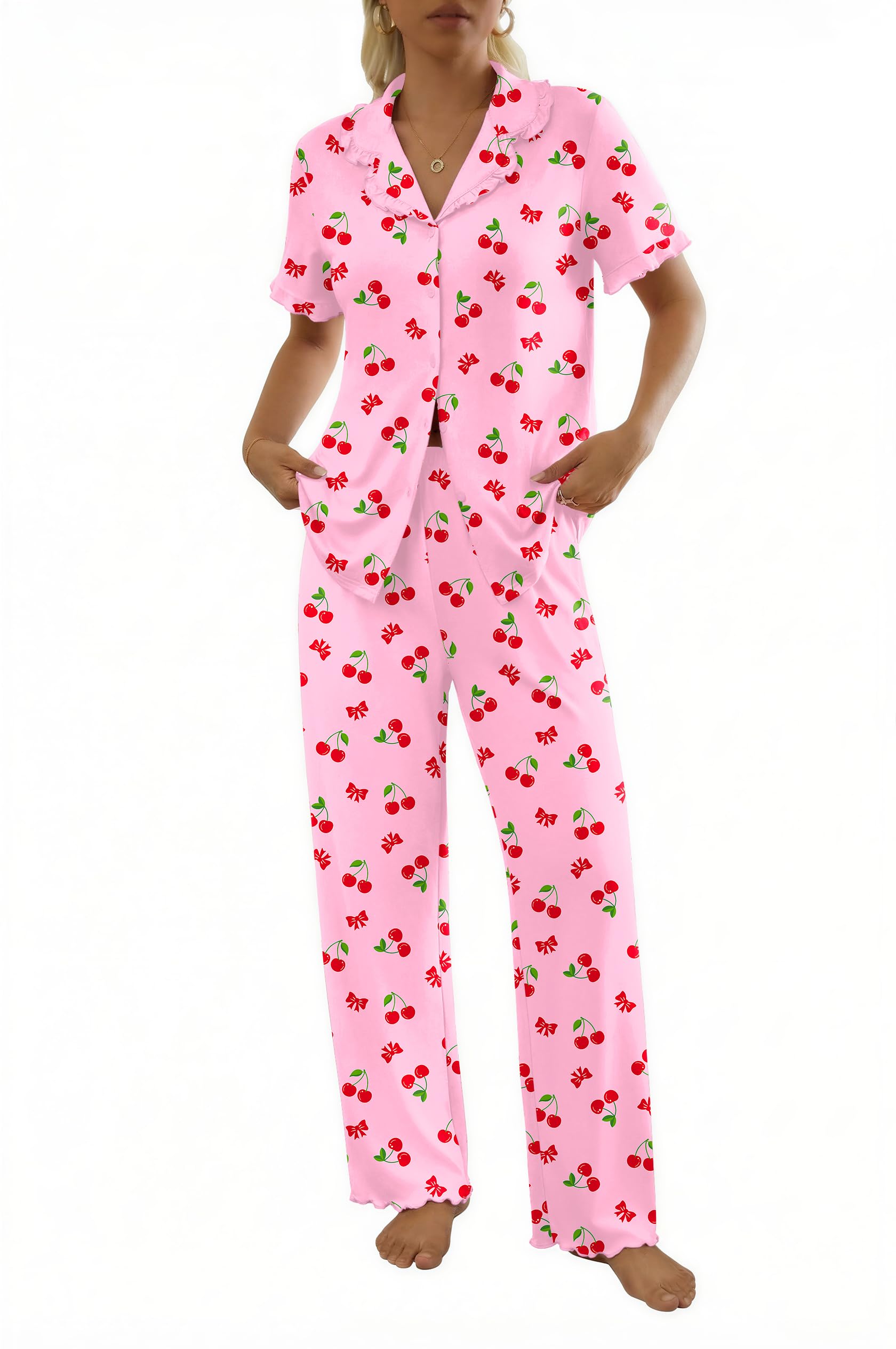 Ekouaer Womens Pajama Sets Short Sleeve Printed PJs Button Down Sleepwear
