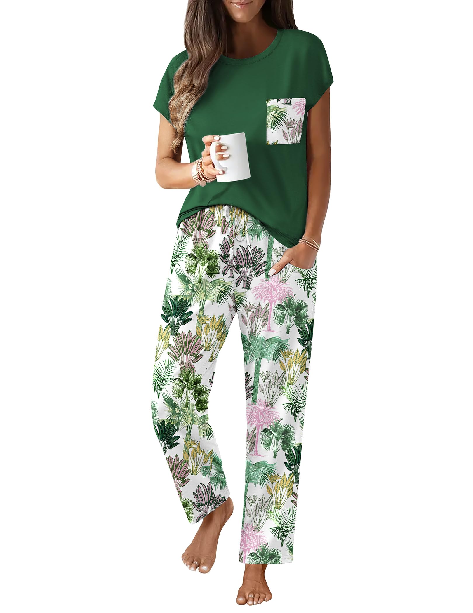 Ekouaer Womens Pajama Sets 2 Pcs Short Sleeve Lounge Set with Pockets