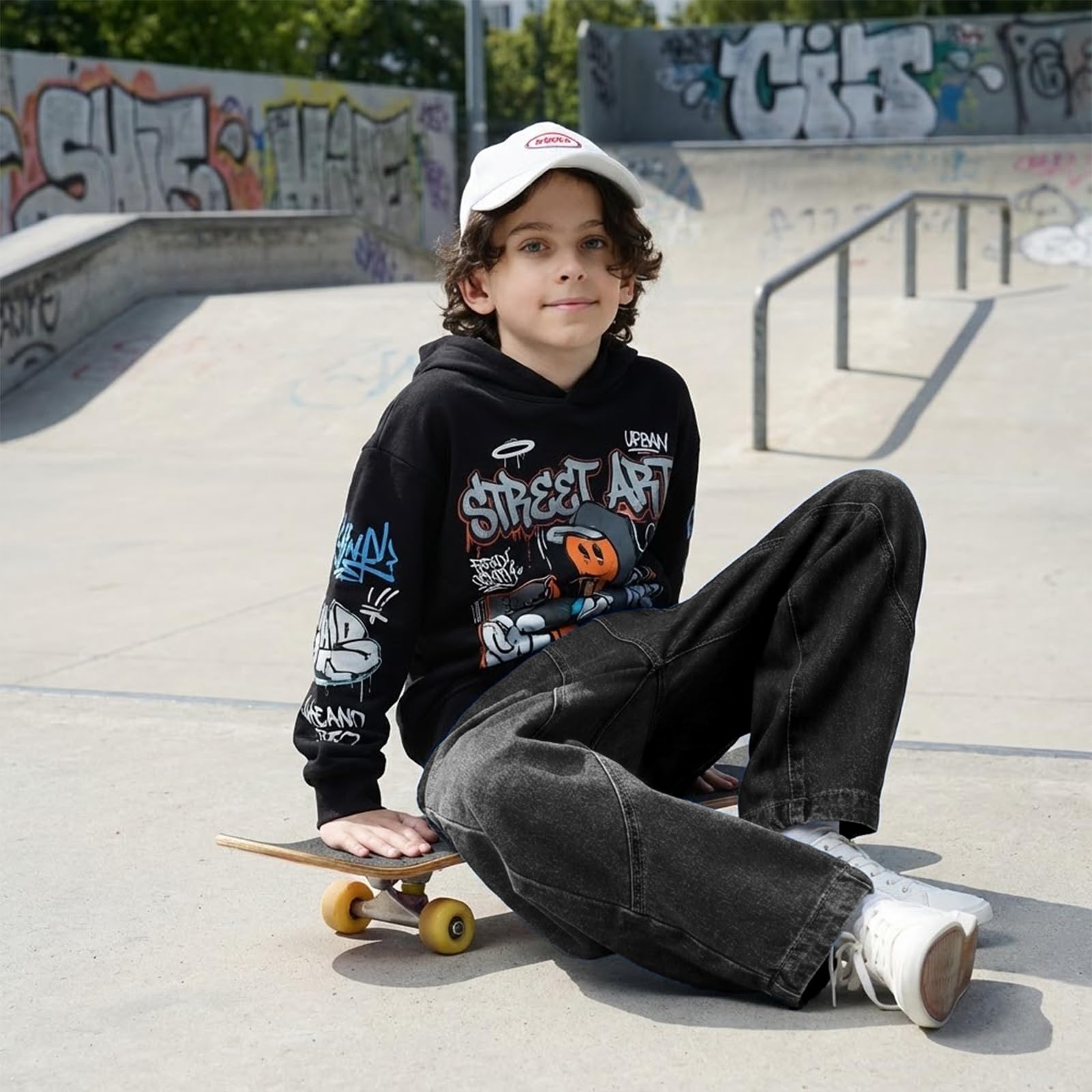 Baggy Jeans for Boys Cargo Jeans, Mid Rise Elastic Waist Multi-Pockets Denim Pants School Streetwear Size 8-12