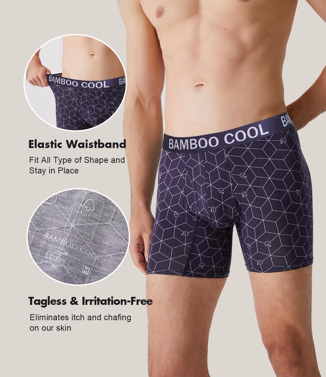 BAMBOO COOL Men's Underwear Boxer Briefs Fly with Built-in 3D Pouch Comfortable Cool Underwear for Men 4 Pack