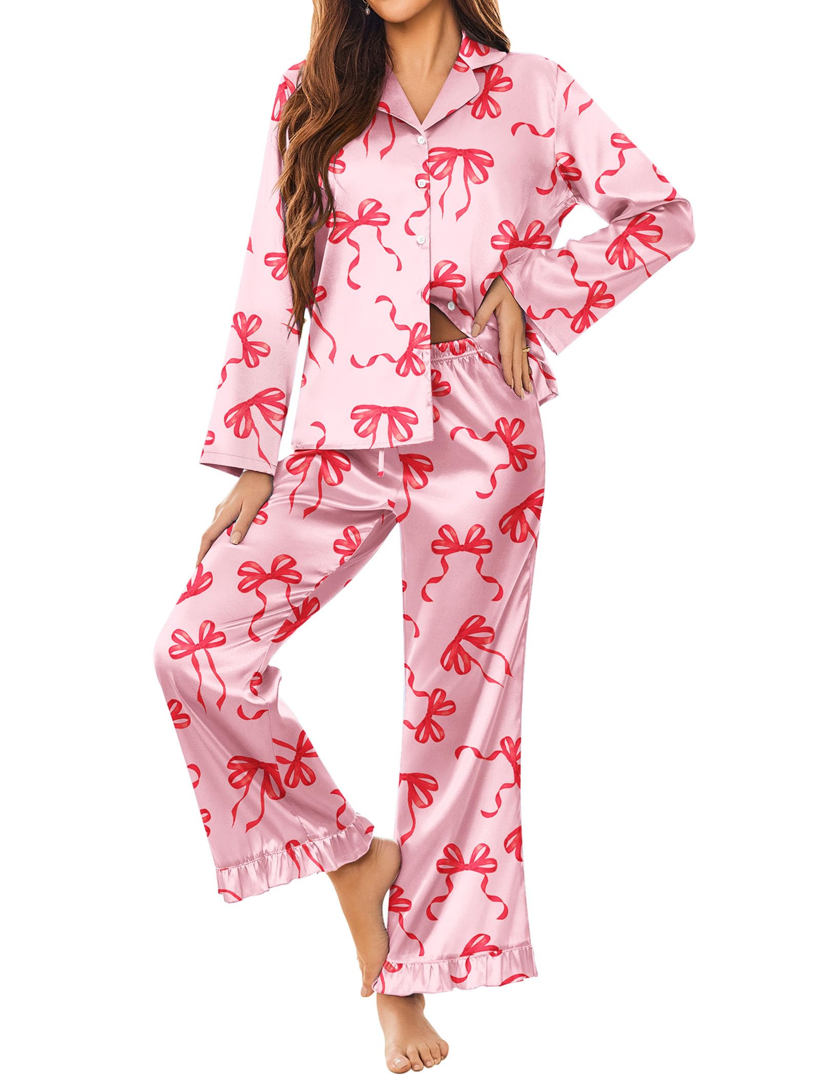 Ekouaer Satin Pajama Set for Women Long Button Down Silk Pj with Ruffle