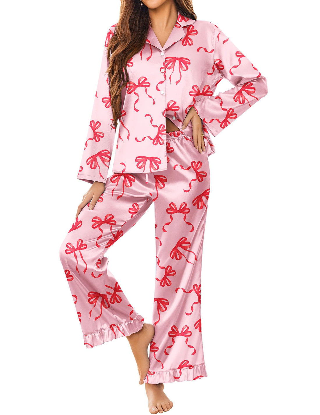 Ekouaer Satin Pajama Set for Women Long Button Down Silk Pj with Ruffle