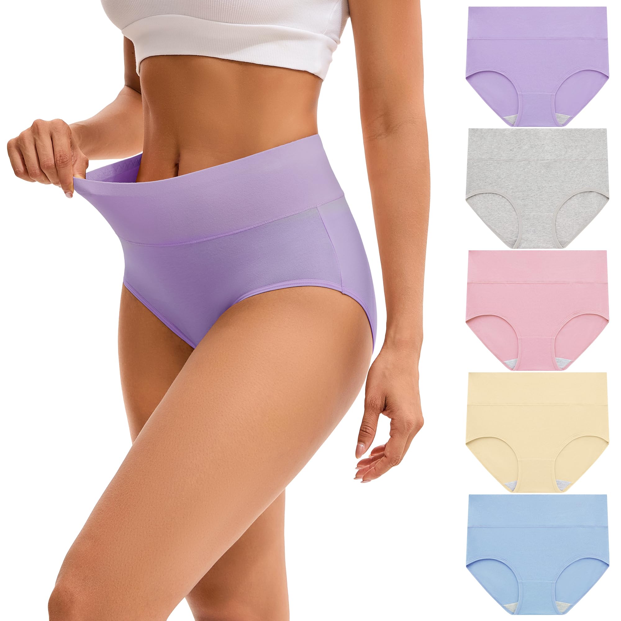INNERSY Women's High Waisted Underwear Cotton Panties Regular & Plus Size 5-Pack