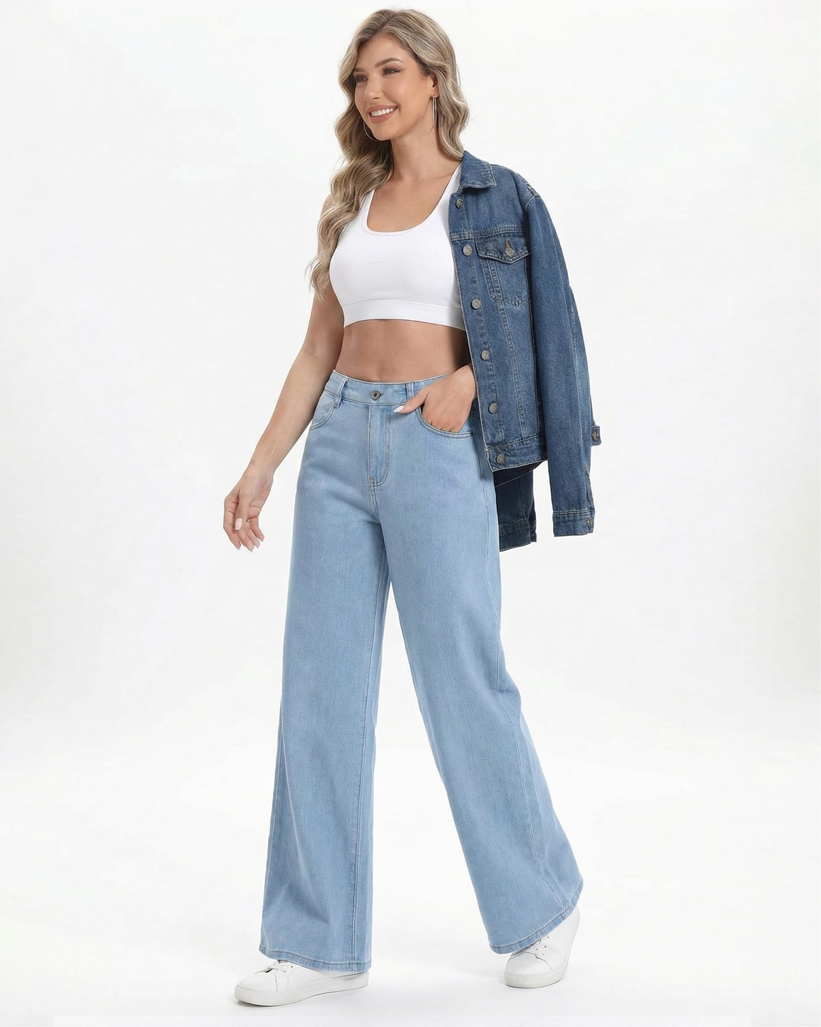 Pull On Jeans for Women Wide Leg High Waisted Stretch Baggy Jeans Casual Trendy Straight Denim Pants (with Plus Size)