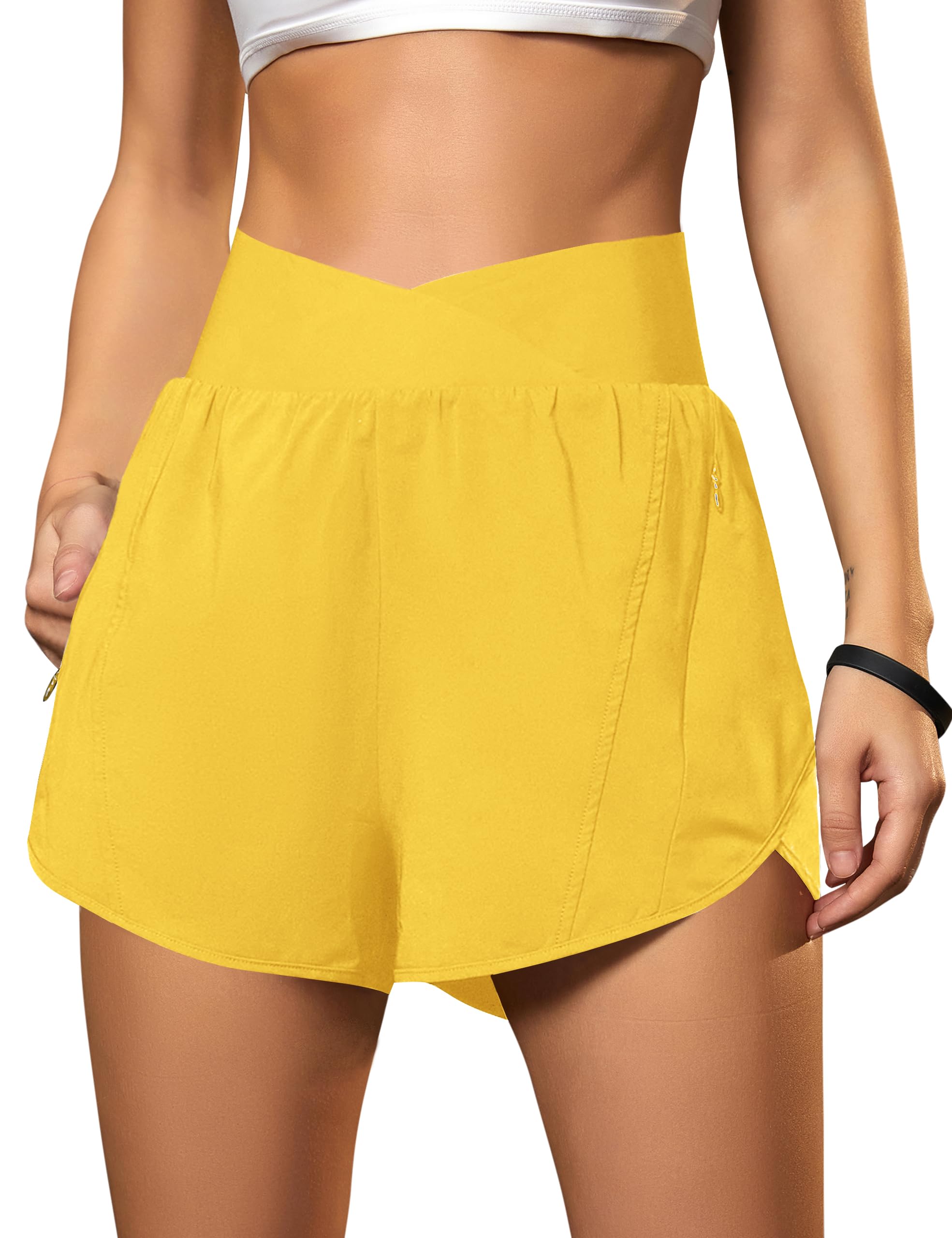 Blooming Jelly Women's Workout Shorts Athletic Running Shorts Crossover High Waisted Gym Shorts with Zipper Pockets