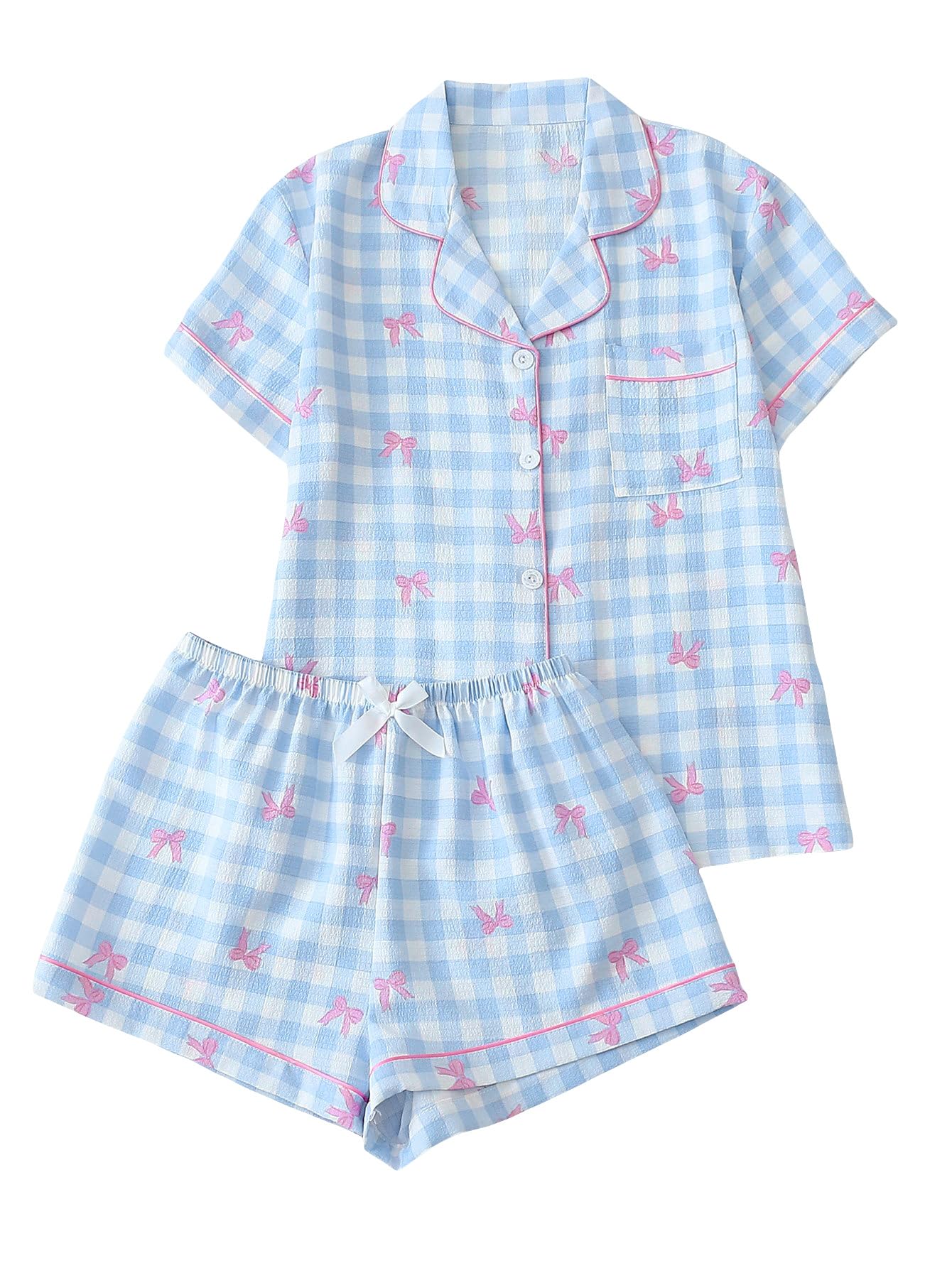 Verdusa Pajamas Sets 2 Piece Gingham Cute Button Down Shirts with Shorts