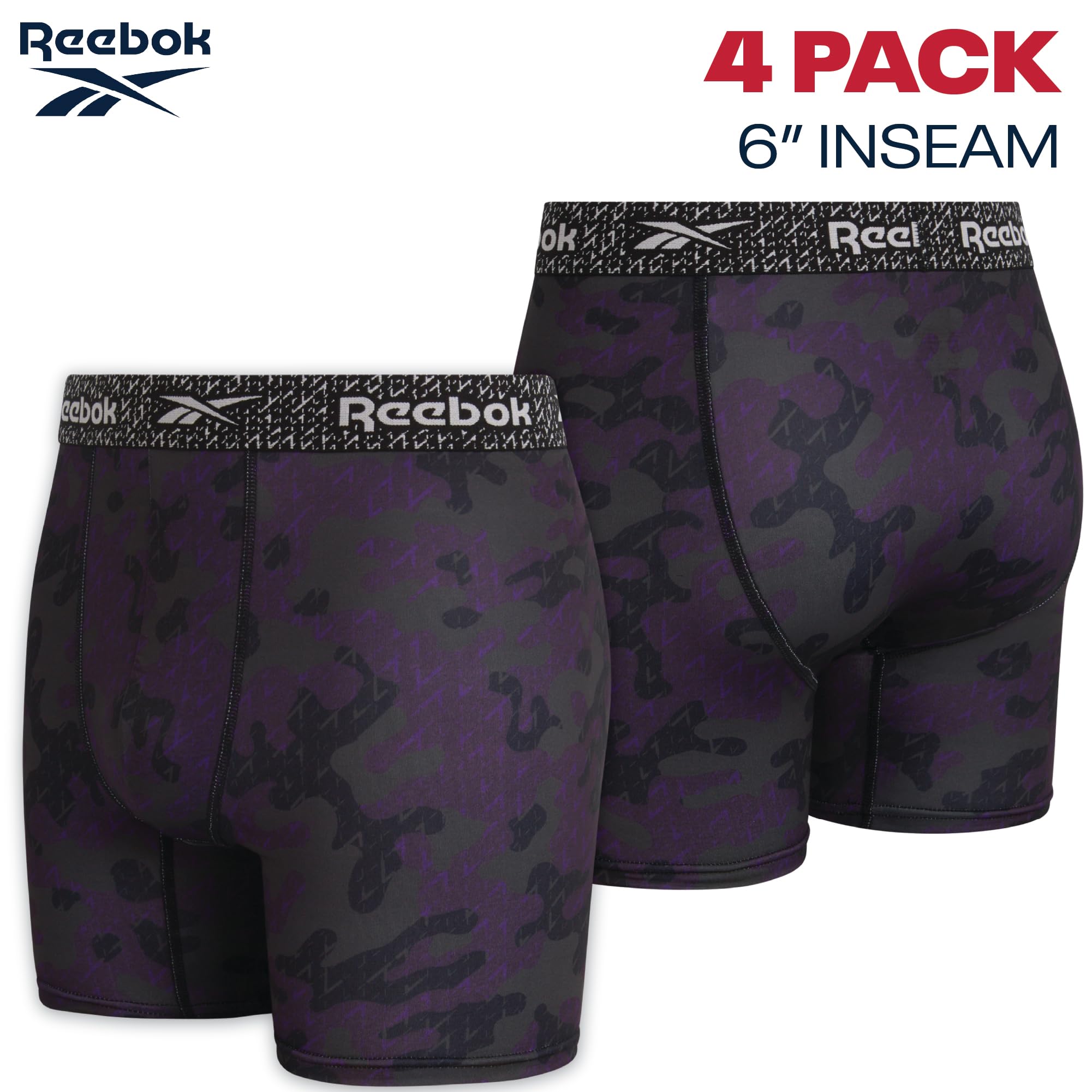 Reebok Mens Boxer Briefs - 4 Pack Underwear with Contour Pouch, 6'' Inseam | Athletic Stretch Performance Moisture-Wicking Fabric, No Fly Pouch, Tag-Free Waistband
