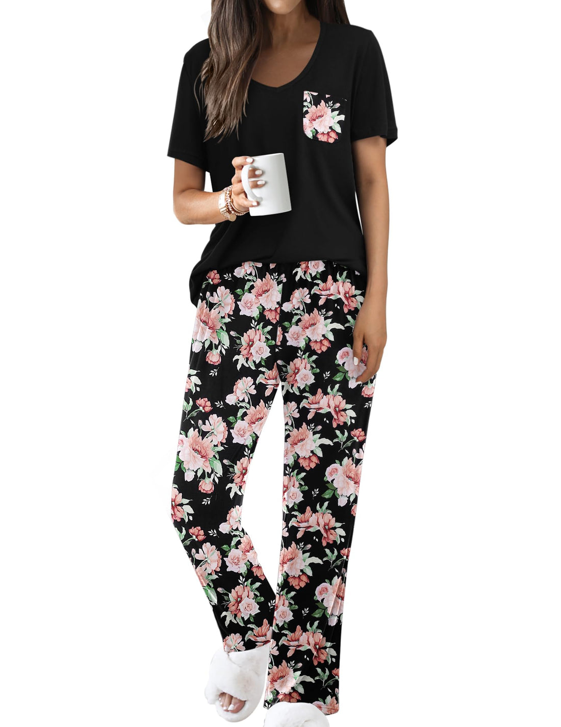 Ekouaer Pajama Sets for Women 2 Piece Short Sleeve Pj V Neck Chest Pocket