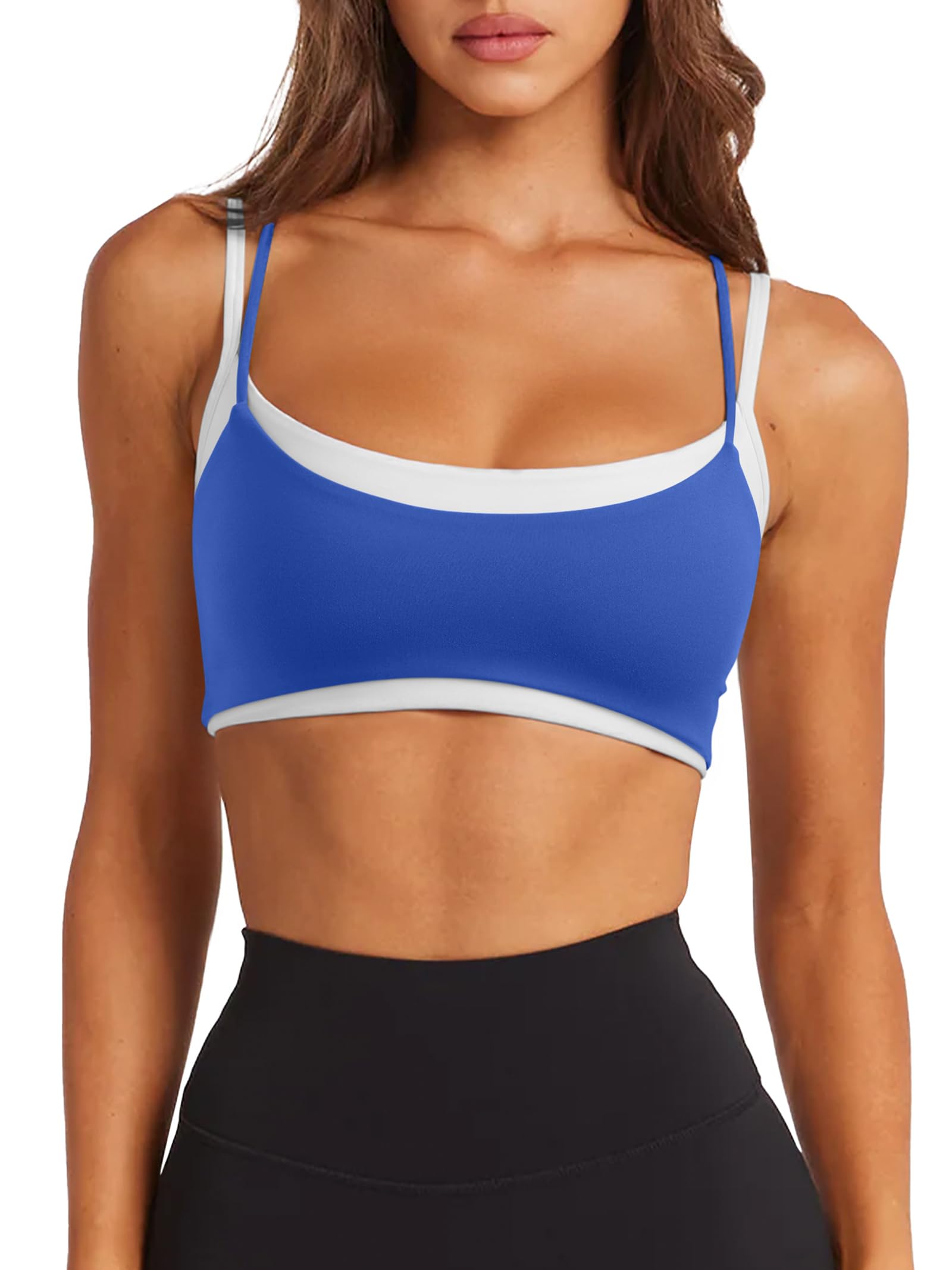 LASLULU Womens Double Layered Sports Bra Adjustable Spaghetti Straps Sexy Scoop Neck Wireless Padded Workout Yoga Crop Tops