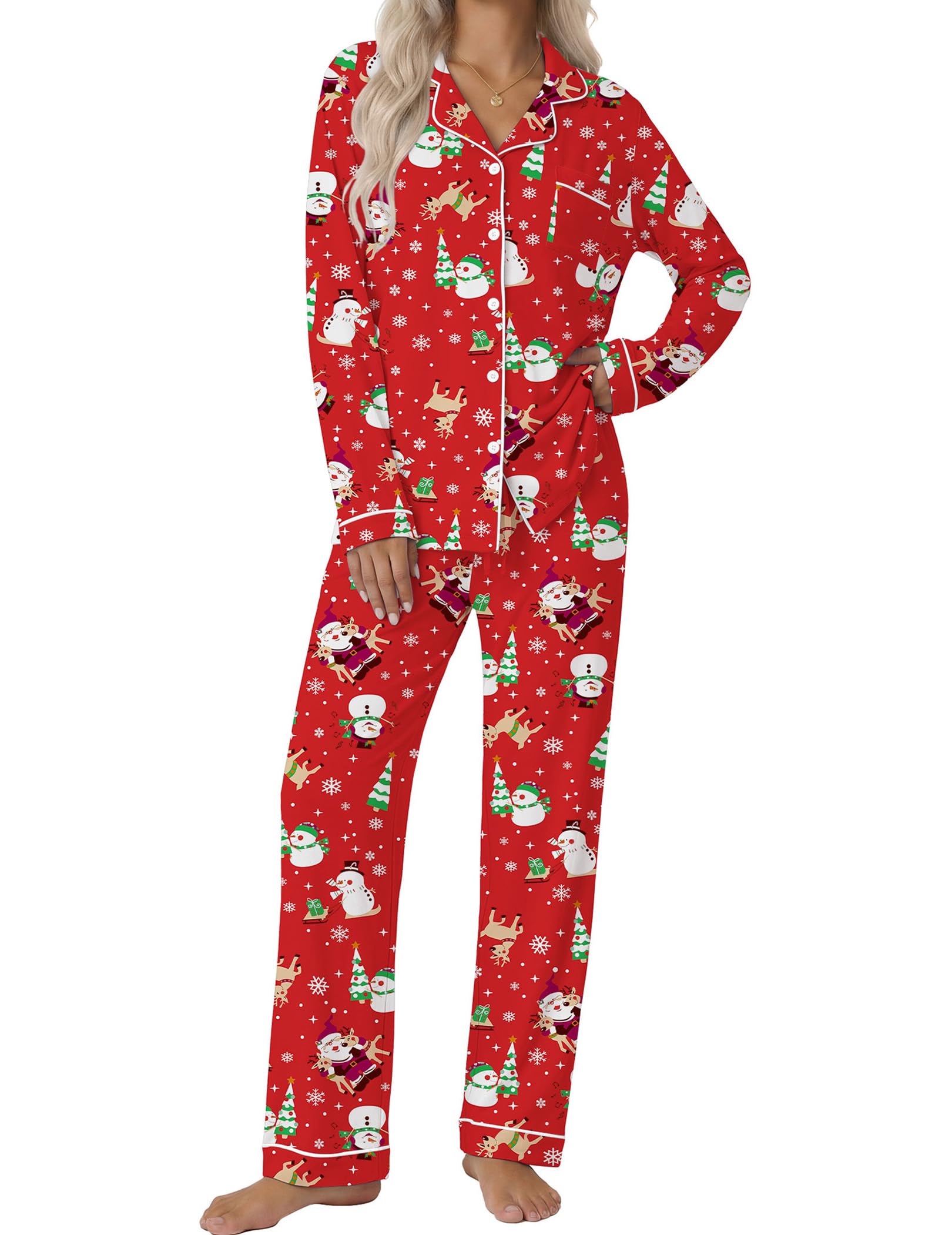 Ekouaer Women's Classic Long Sleeve Button Down Pajama Set