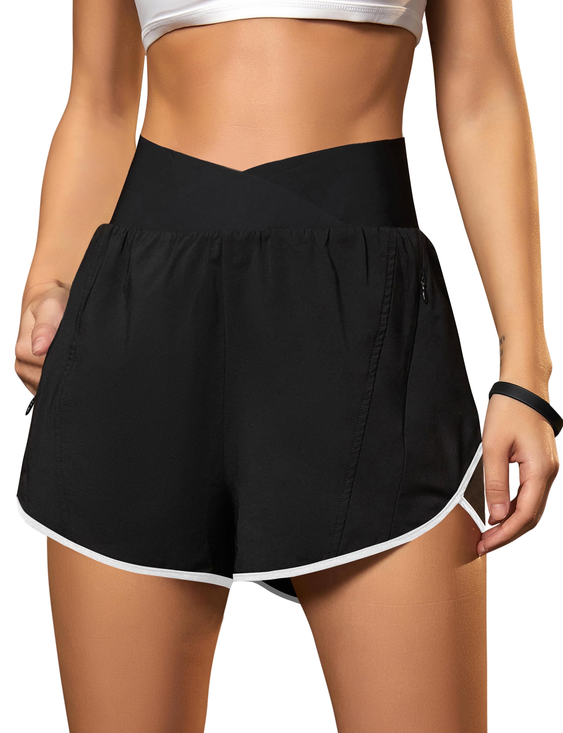 Blooming Jelly Women's Workout Shorts Athletic Running Shorts Crossover High Waisted Gym Shorts with Zipper Pockets
