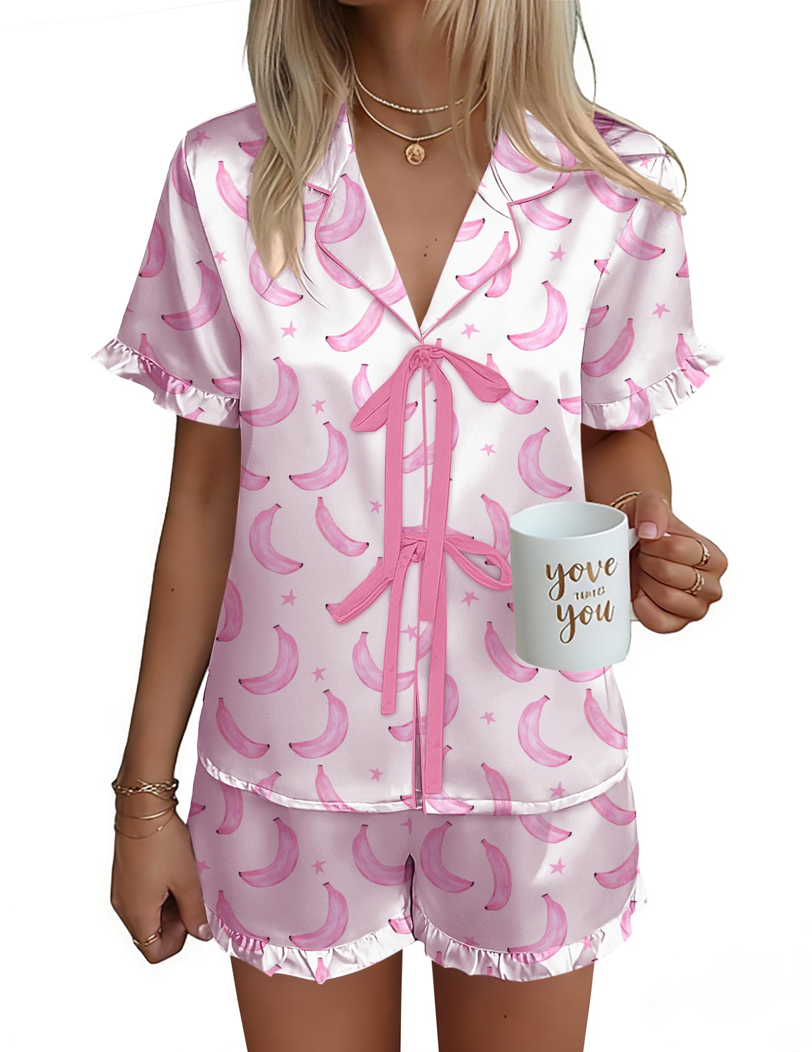 Ekouaer Satin Pajama for Women Short Sleeve Silky Pj Short Sets Lounge Set
