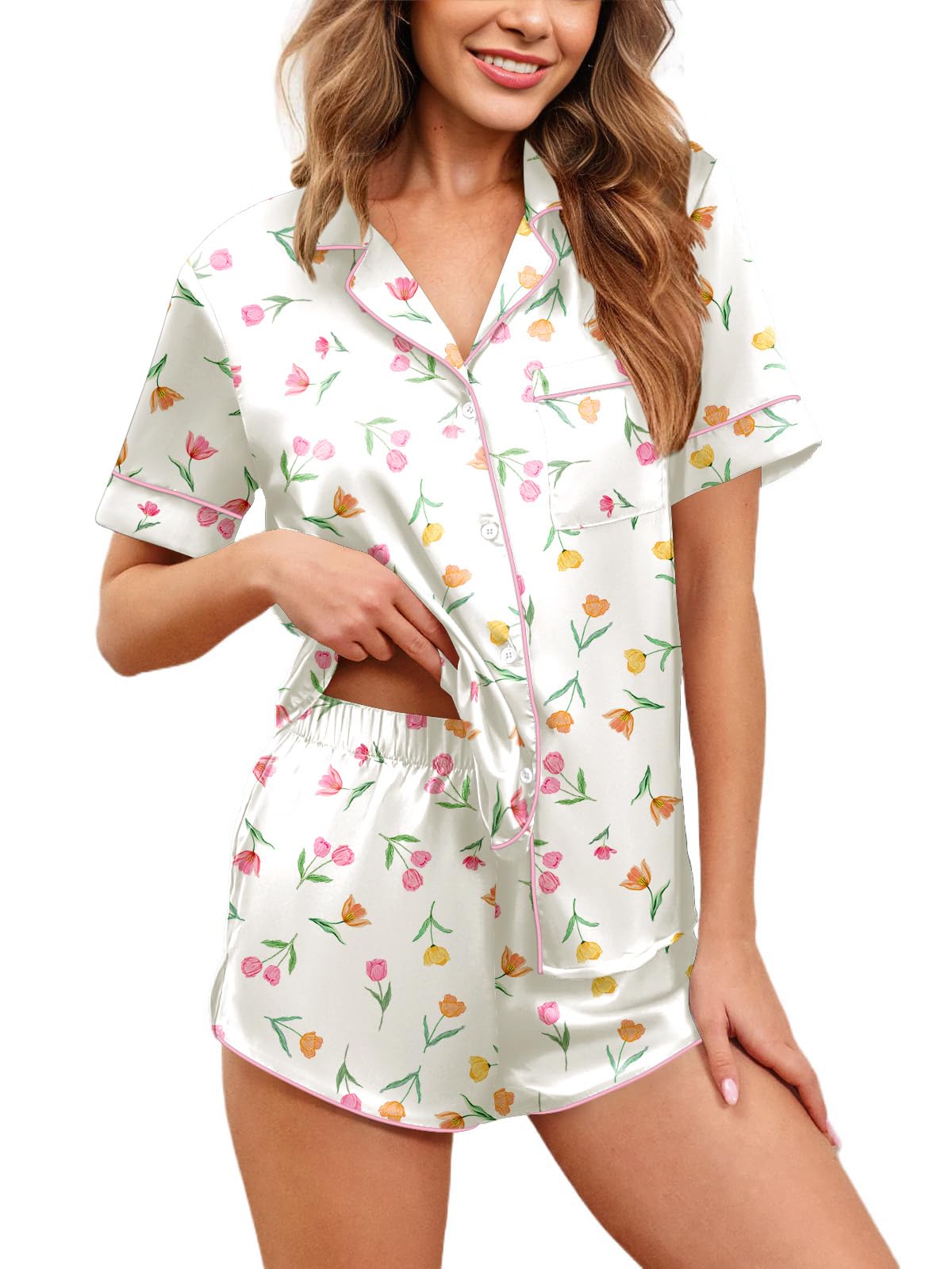 Ekouaer Womens Silk Satin Pajamas Set Short Sleeve Sleepwear S-5X Plus Size