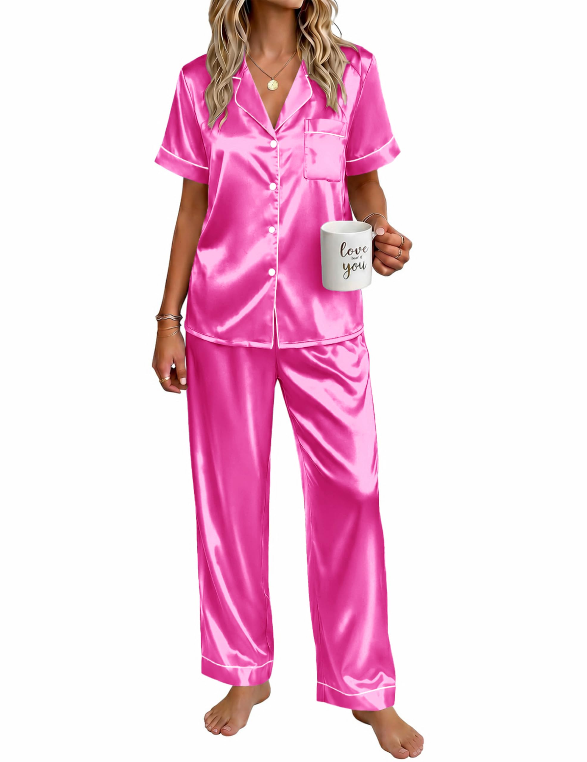 Ekouaer Womens Satin Pajama Set Silky Short Sleeve Button Down Pj Set