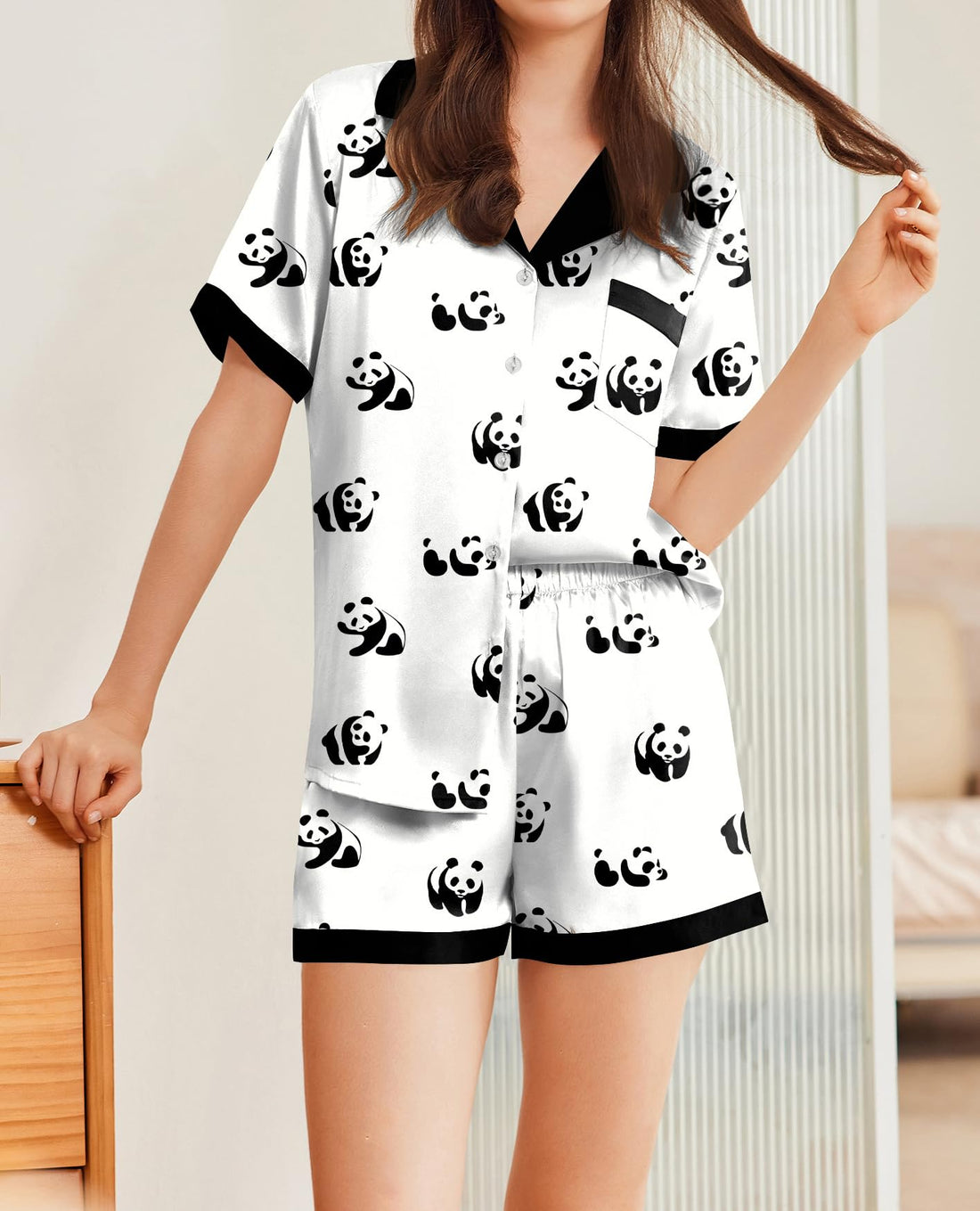 Ekouaer Womens Silky Satin Pajamas Set Short Sleeve Colorful Print Pjs
