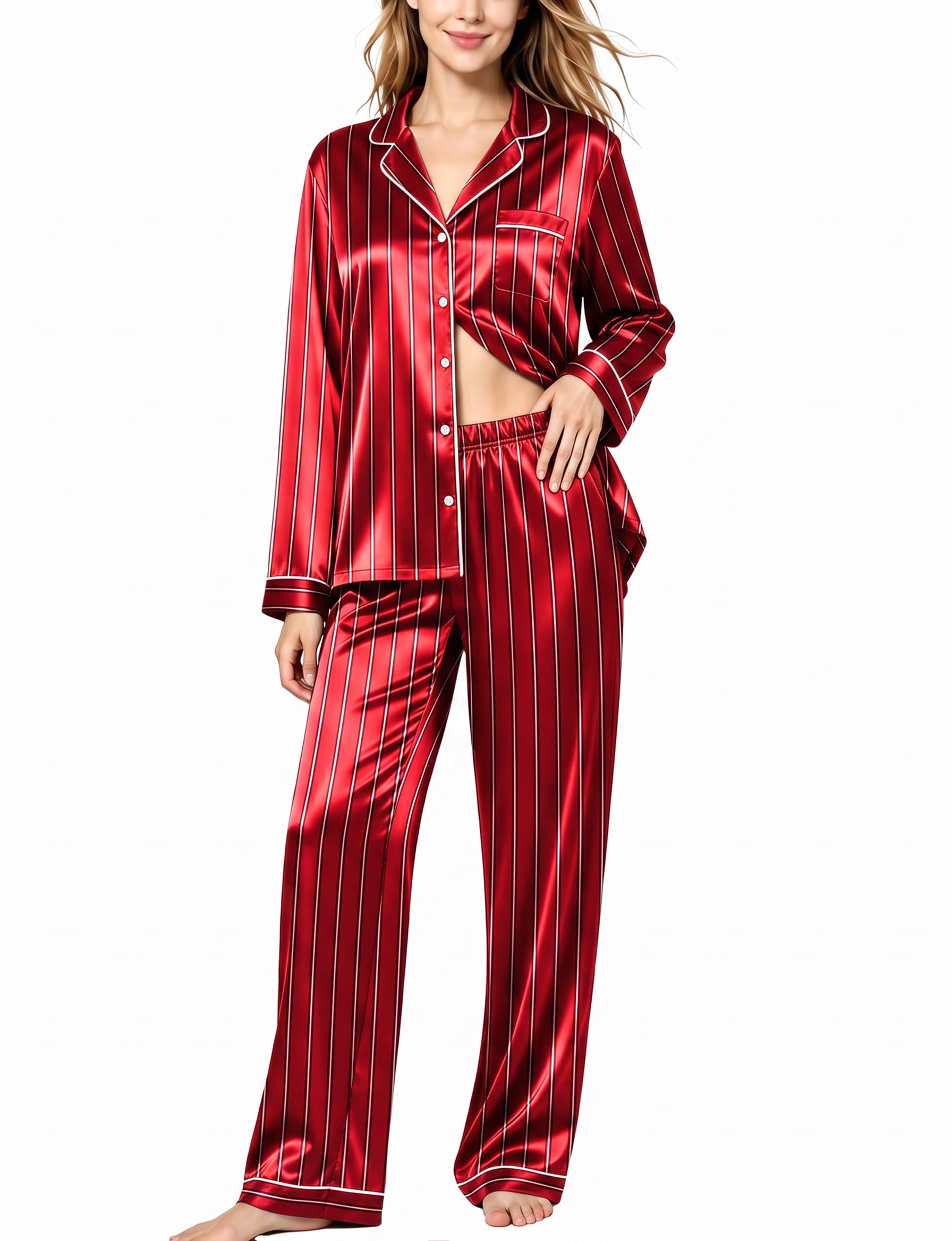 SWOMOG Womens Silk Satin Pajamas Set Long Sleeve Button Down Sleepwear 2 Piece Lounge Set Pj Set XS-3XL