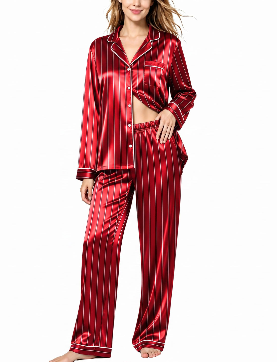 SWOMOG Womens Silk Satin Pajamas Set Long Sleeve Button Down Sleepwear 2 Piece Lounge Set Pj Set XS-3XL