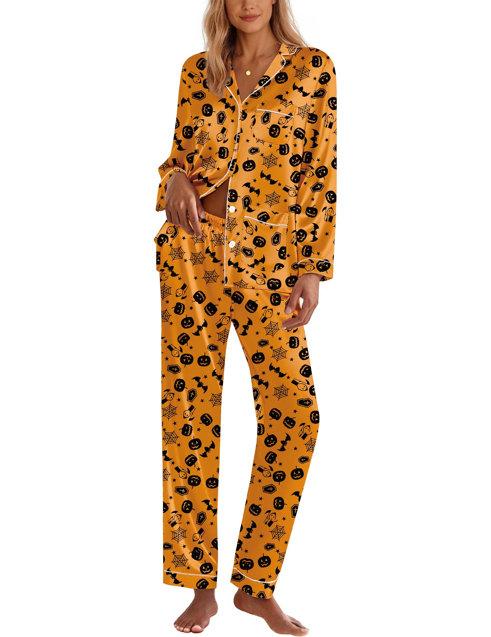 Ekouaer Pajamas for Women Silk Satin Button Down Long Sleeve Pajama Sets