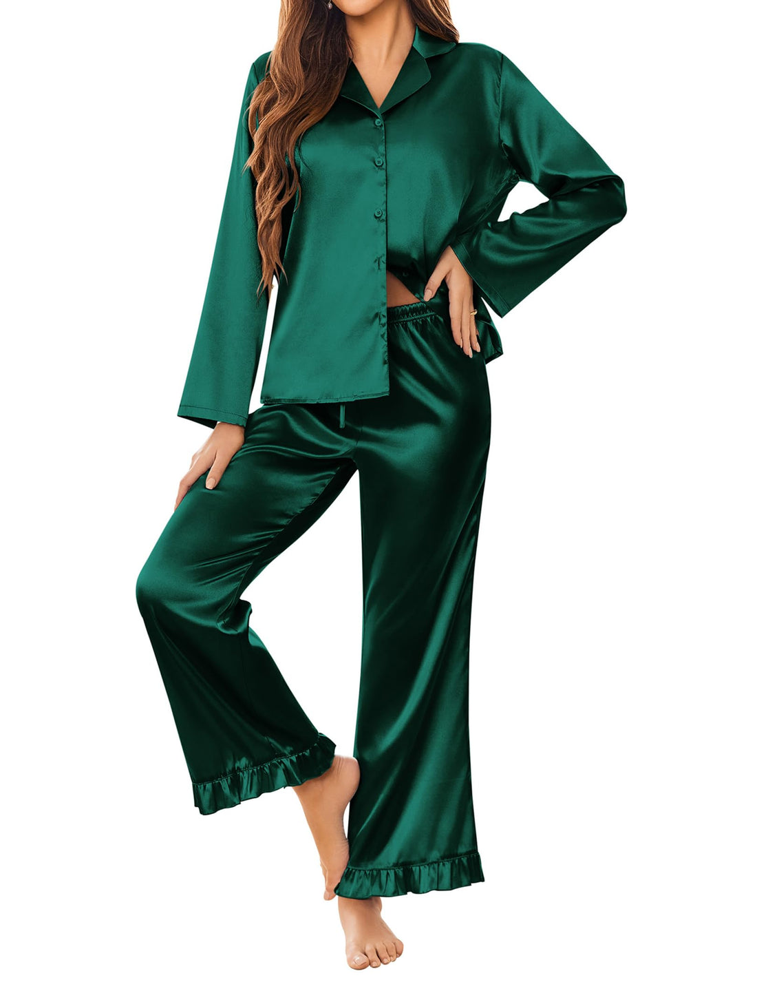 Ekouaer Satin Pajama Set for Women Long Button Down Silk Pj with Ruffle