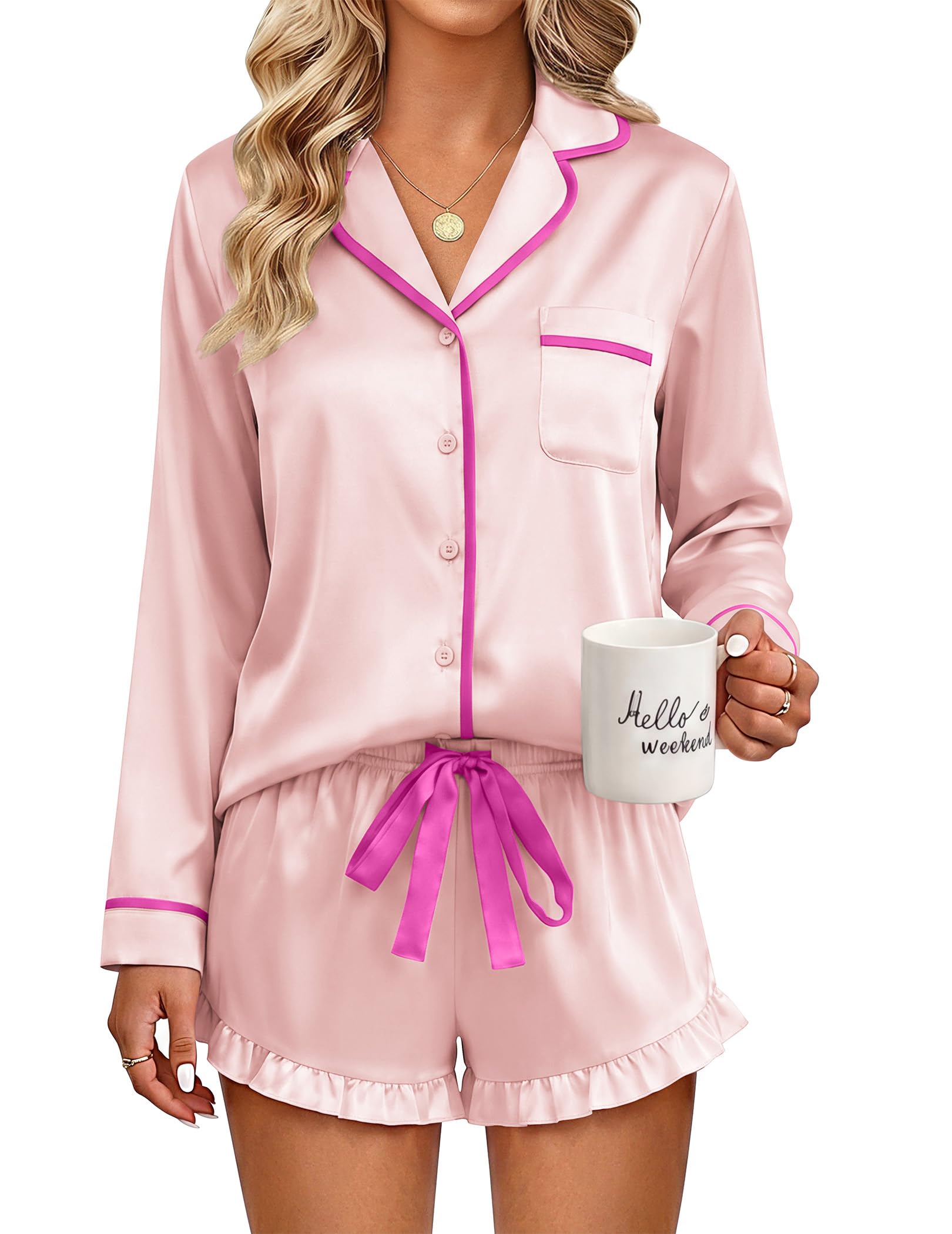 Ekouaer Womens Satin Pajamas Set 2 Piece Long Sleeve and Ruffle Shorts