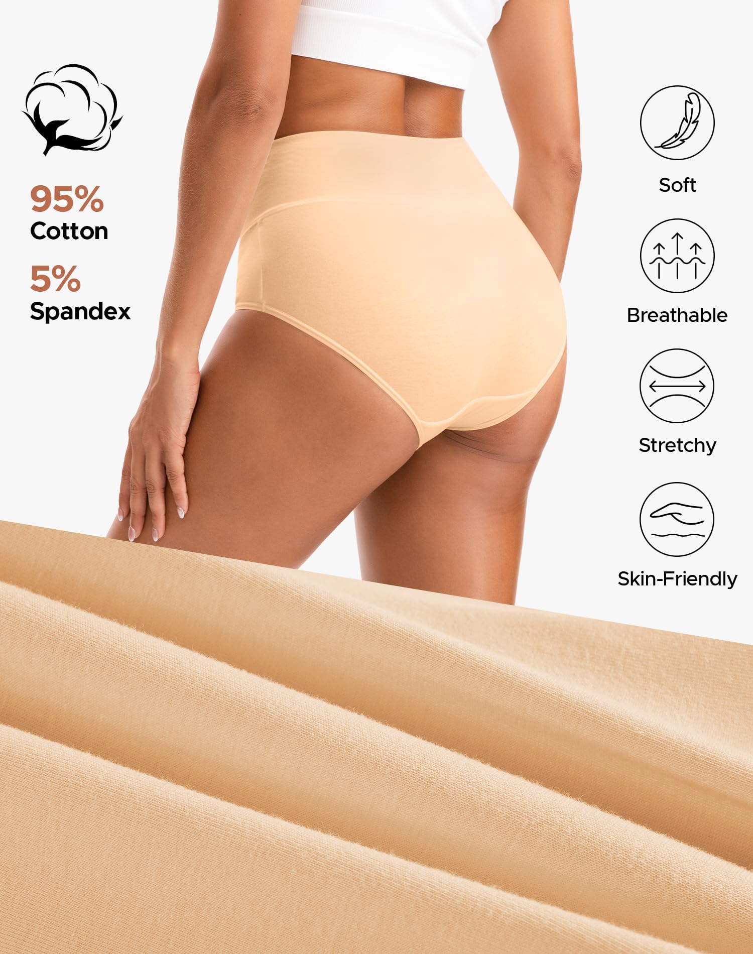 INNERSY Women's High Waisted Underwear Cotton Panties Regular & Plus Size 5-Pack