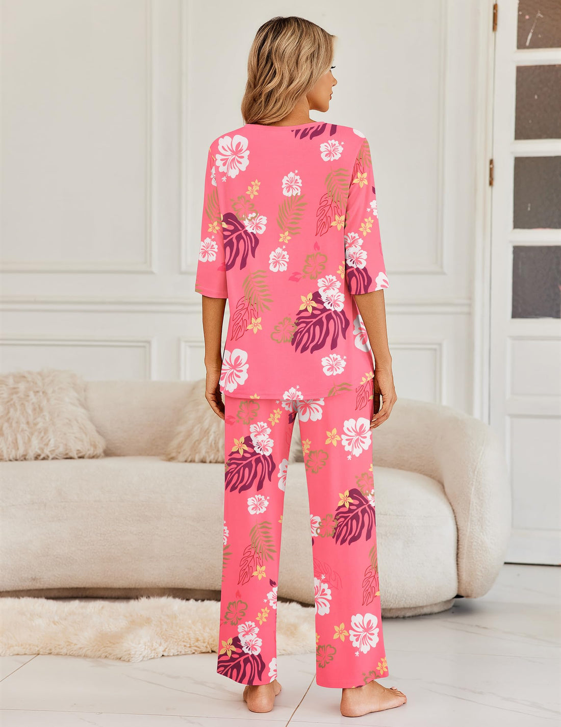 Ekouaer Womens Pajamas Set 2 Piece 3/4 Sleeve Tops Long Pants Pj Set