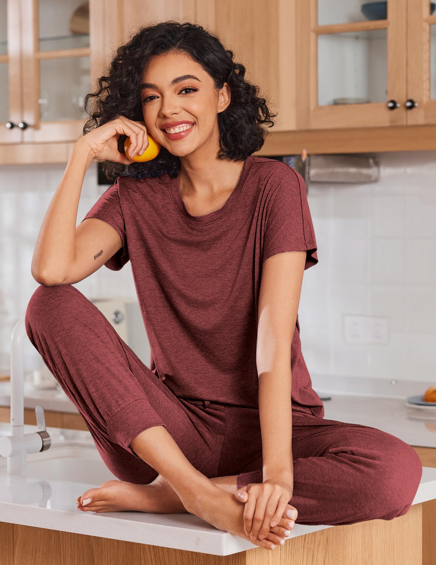 Ekouaer 2 Pack Womens Pajama Short Sleeve Jogger Pants Pjs Lounge Set