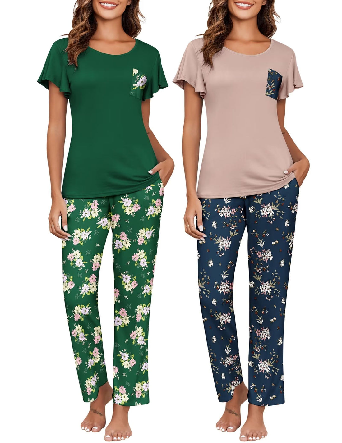 Ekouaer Pajamas for Women Set 2 Piece Comfy Loungewear, Lightweight Pjs Sleepwear, Short Sleeve Top & Long Pants with Pockets
