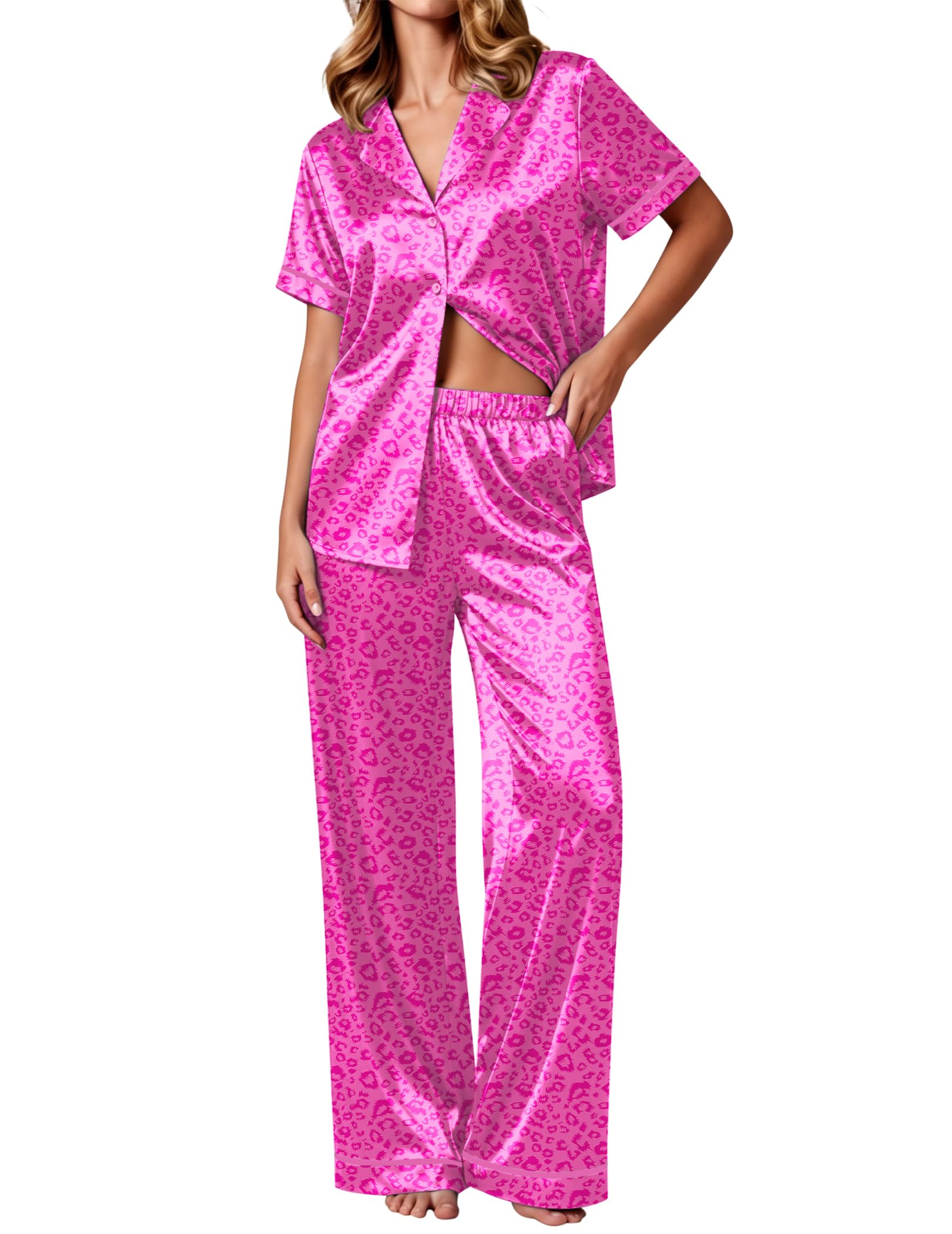 Ekouaer Women's Silk Pajamas Set Short Sleeve Pjs Button Down Lounge Set