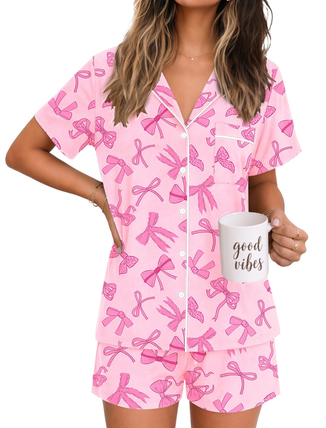 Ekouaer Womens Pajamas Set Soft Classic Notch Collar Bride Pjs Comfy Short Sleeve Sleepwear Loungewear