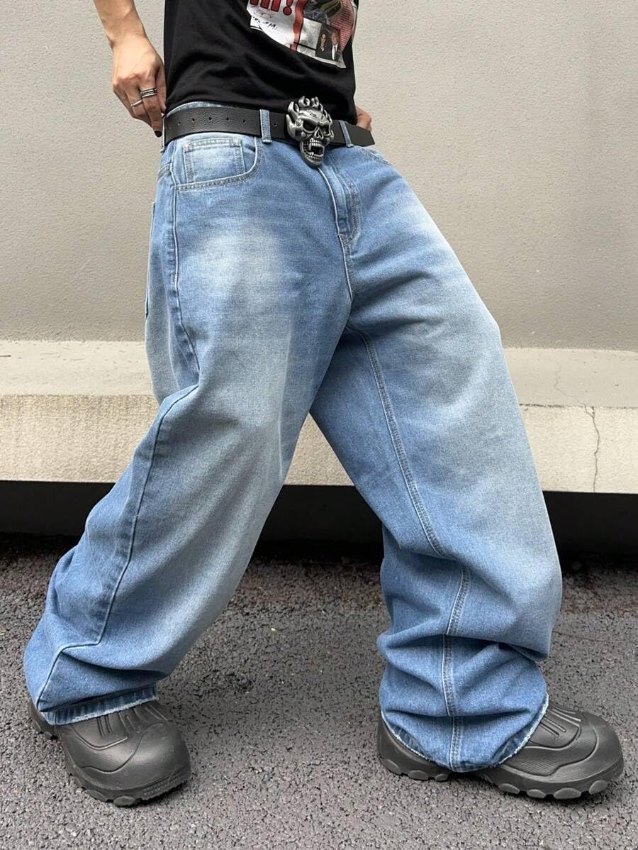 HUNGSON Mens Baggy Jeans for Men Women Y2k Skater Vintage Plain Pants Casual Wide Leg Jeans Loose Fit Denim Jeans