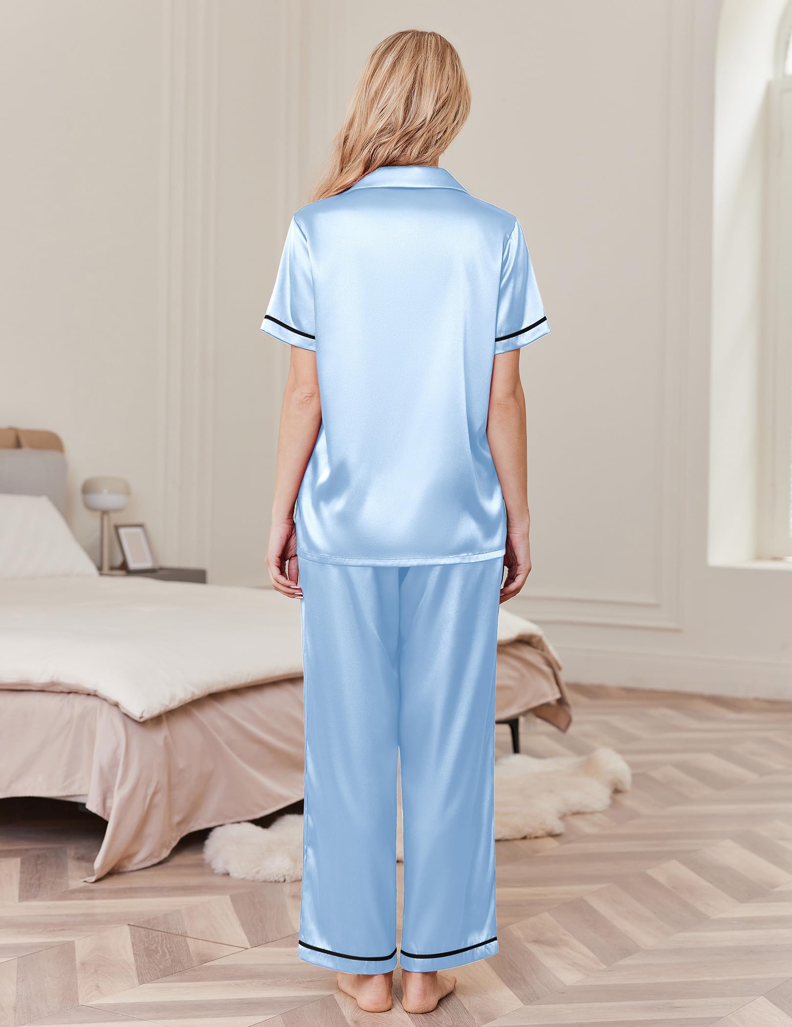 Ekouaer Women's Silk Pajamas Set Short Sleeve Pjs Button Down Lounge Set