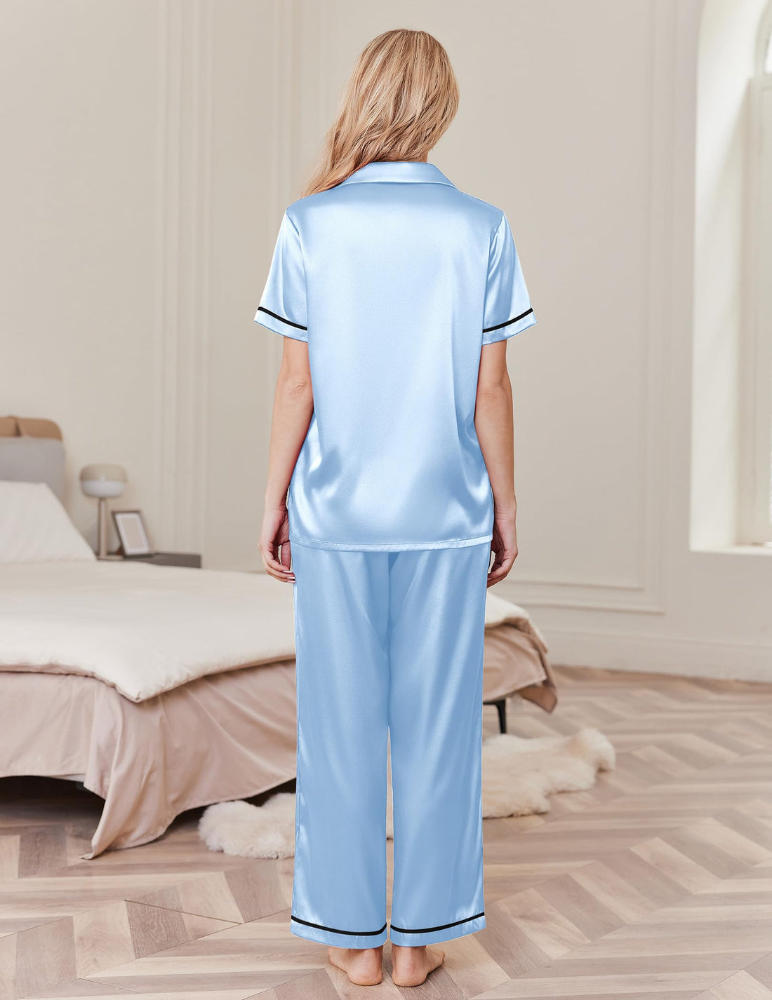 Ekouaer Women's Silk Pajamas Set Short Sleeve Pjs Button Down Lounge Set