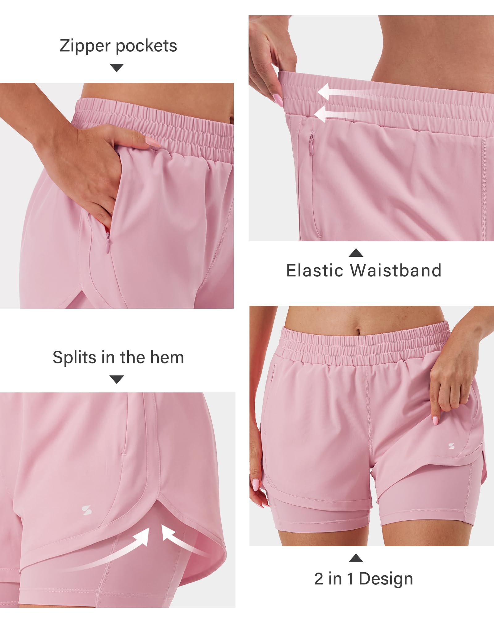 Stelle Women 2 in 1 Running Shorts High Waisted Athletic Shorts Gym Workout Shorts with Liner Zipper Pockets