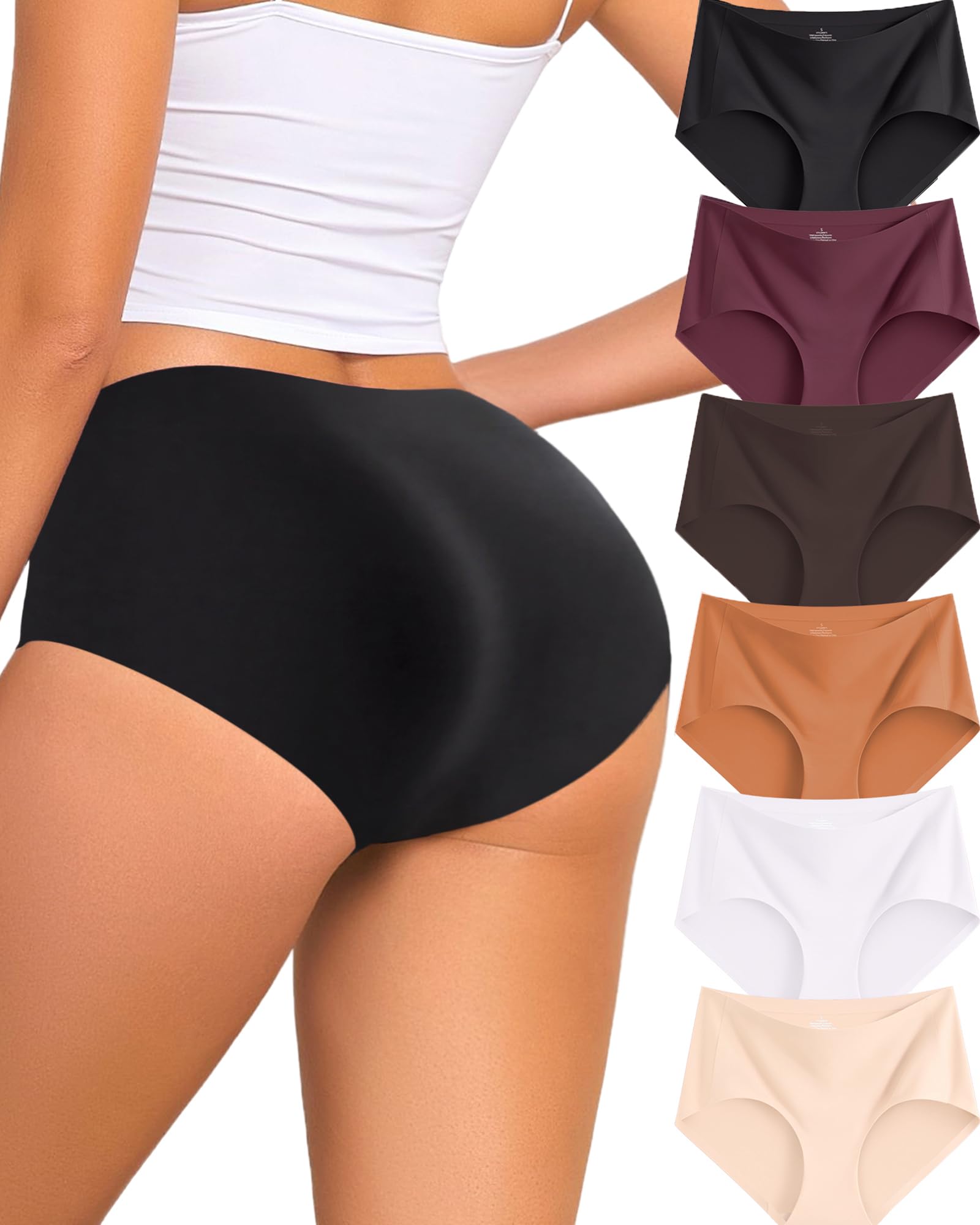 FINETOO 6 Pack Womens Seamless Underwear Full Coverage No Show Hipster Panties Sexy Stretchy Invisible Briefs Bikini Lingerie