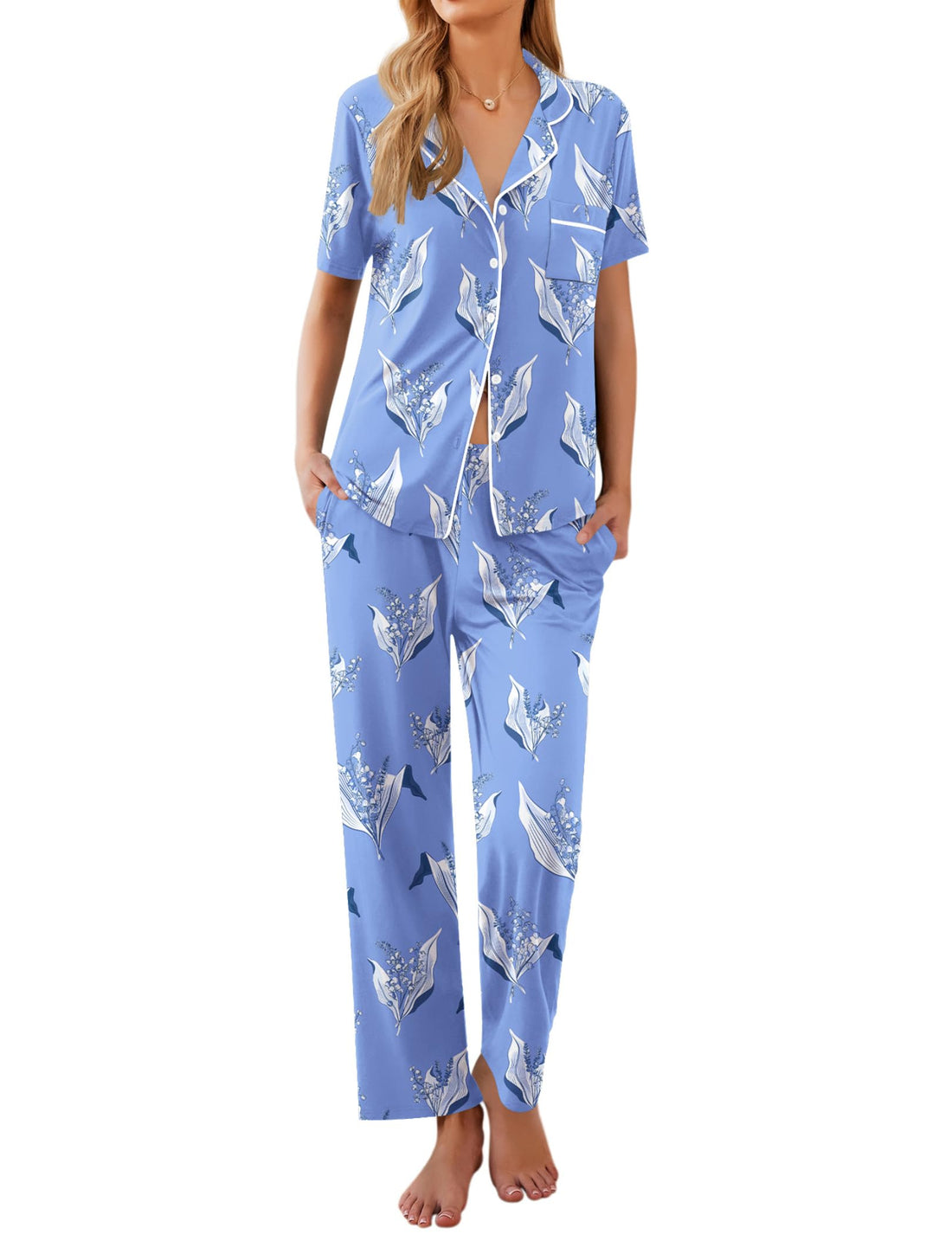 Ekouaer Womens Pajamas Set Short Sleeve Button Down Top & Pants Lounge Pjs