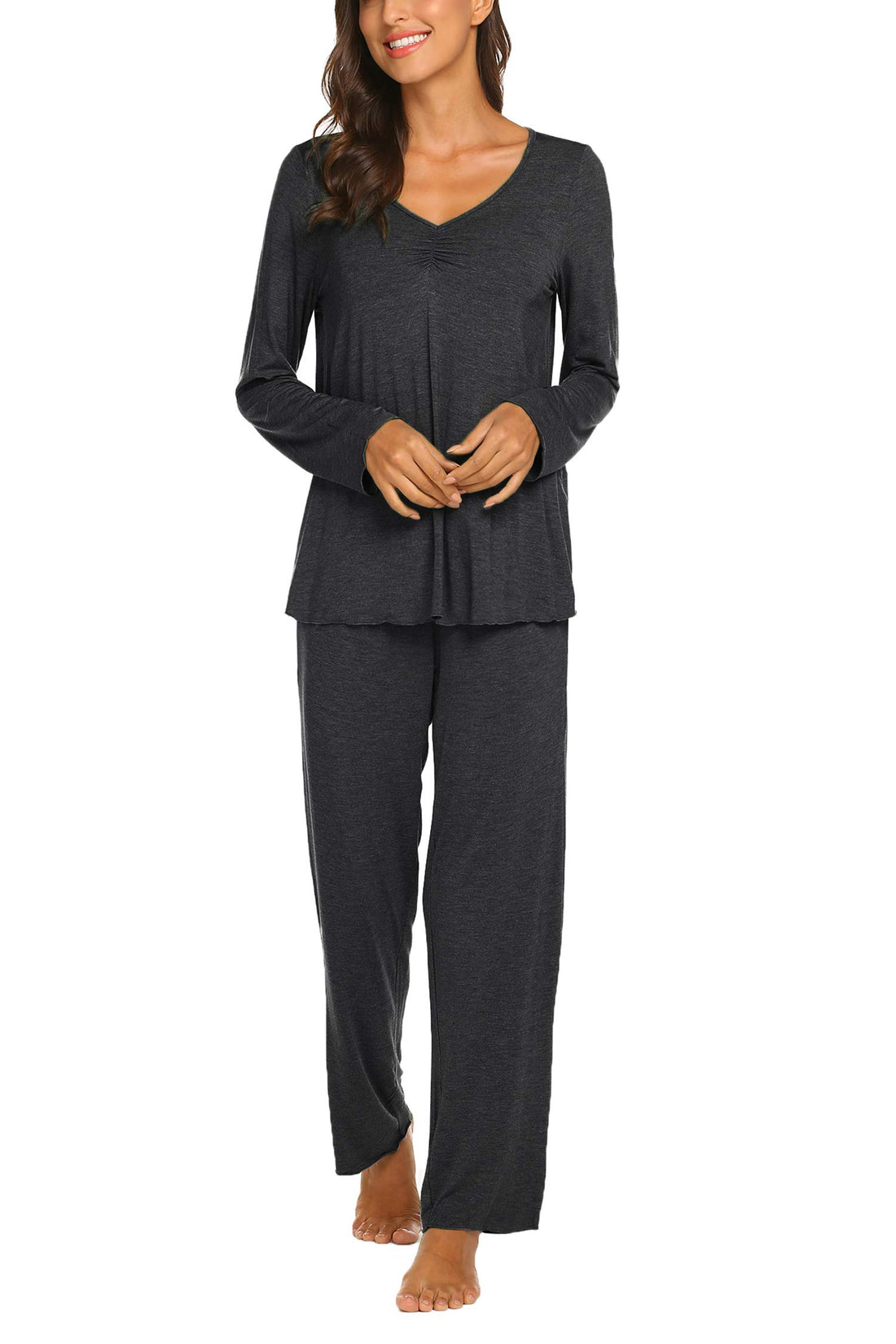 Ekouaer Pajamas for Women Set Long Sleeve Pleated Top and Pants Loungewear