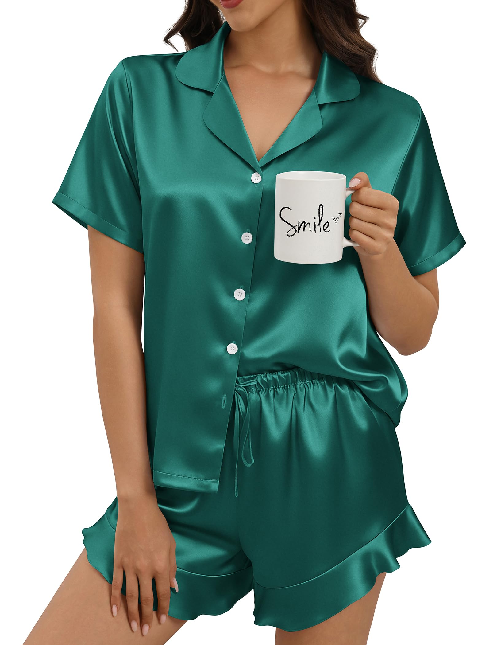 Silk Pajamas for Women Button Down 2 Piece Satin Pjs Shorts Set Ruffle Notch Collar Sleepwear Loungewear