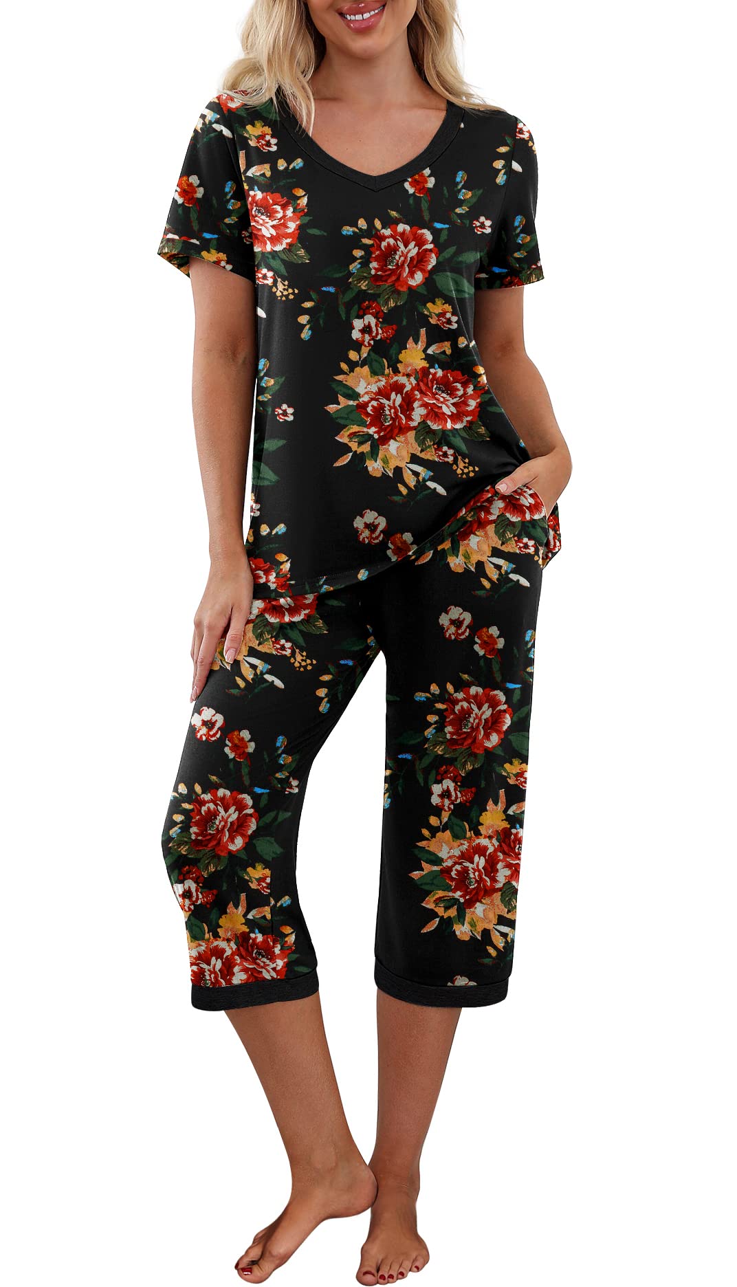 PrinStory Womens Pajama Sets Capri Pjs Soft Lounge Sets S-4XL