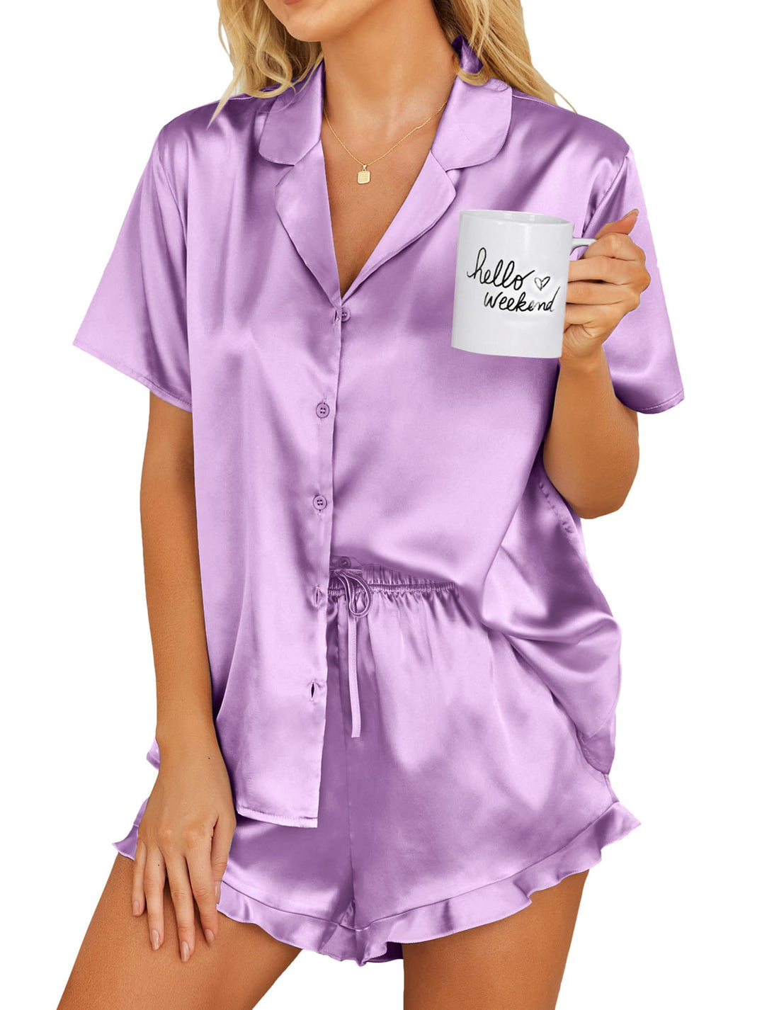 Ekouaer Womens Satin Pajamas Set Button Down Silk Pj Shorts Set with Ruffle