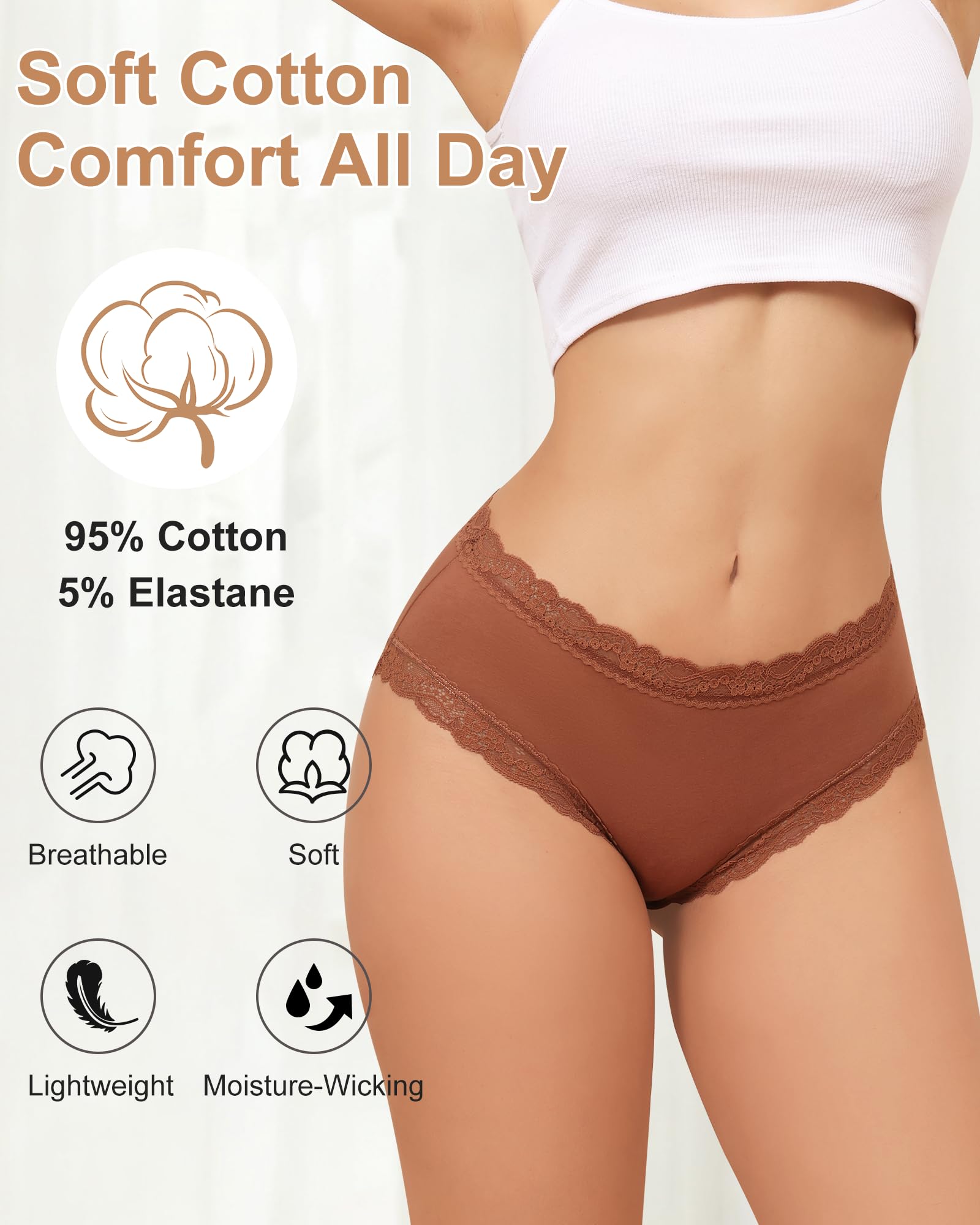 LEVAO Women's Cotton Brief Panties Soft Breathable Lace Trim 5 Pack