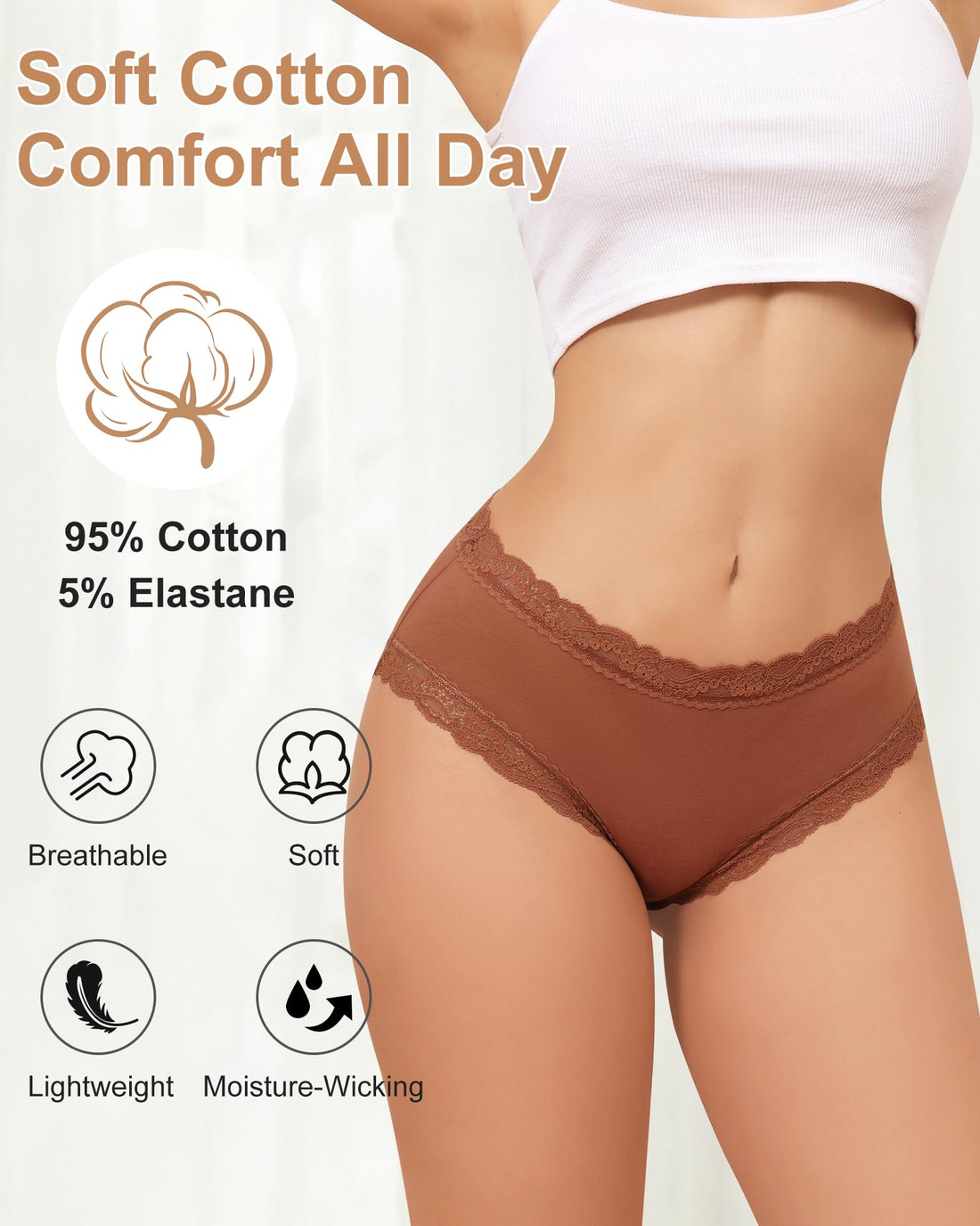 LEVAO Women's Cotton Brief Panties Soft Breathable Lace Trim 5 Pack