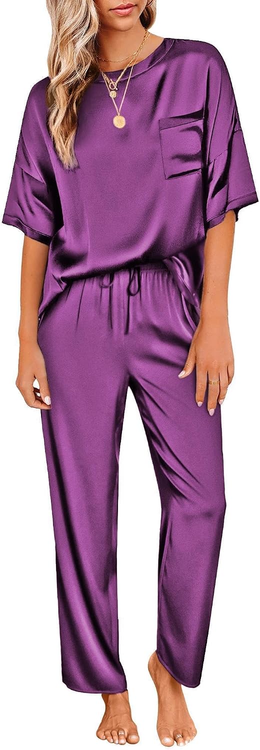 Ekouaer Pajamas for Women Set Silky Satin 2 Piece Lounge Sets with Pockets