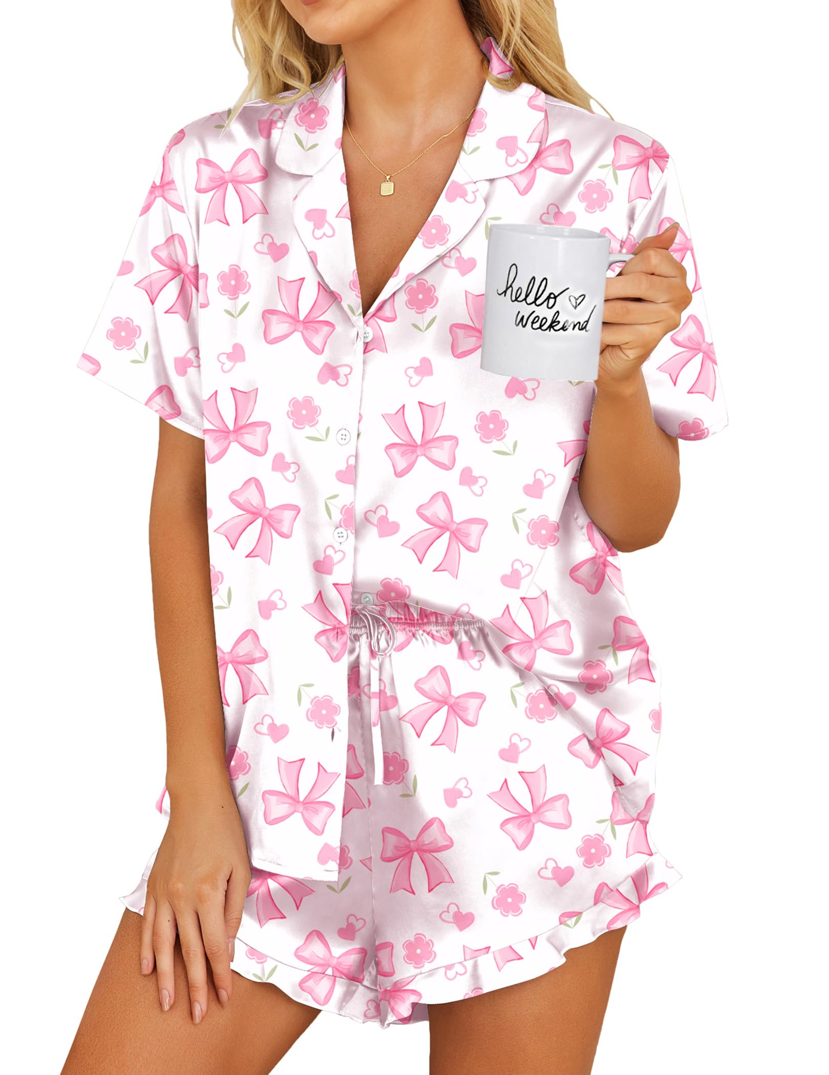 Ekouaer Womens Satin Pajamas Set Button Down Silk Pj Shorts Set with Ruffle
