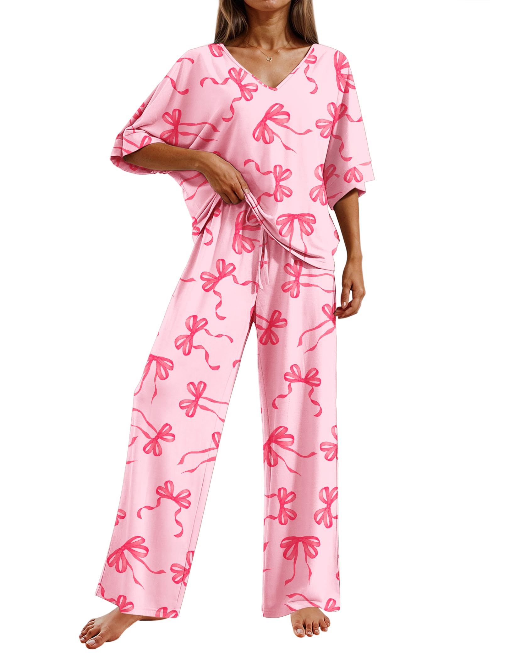 Ekouaer Pajama Sets Womens 2 Piece Short Sleeve Long Pants Pjs Lounge Set